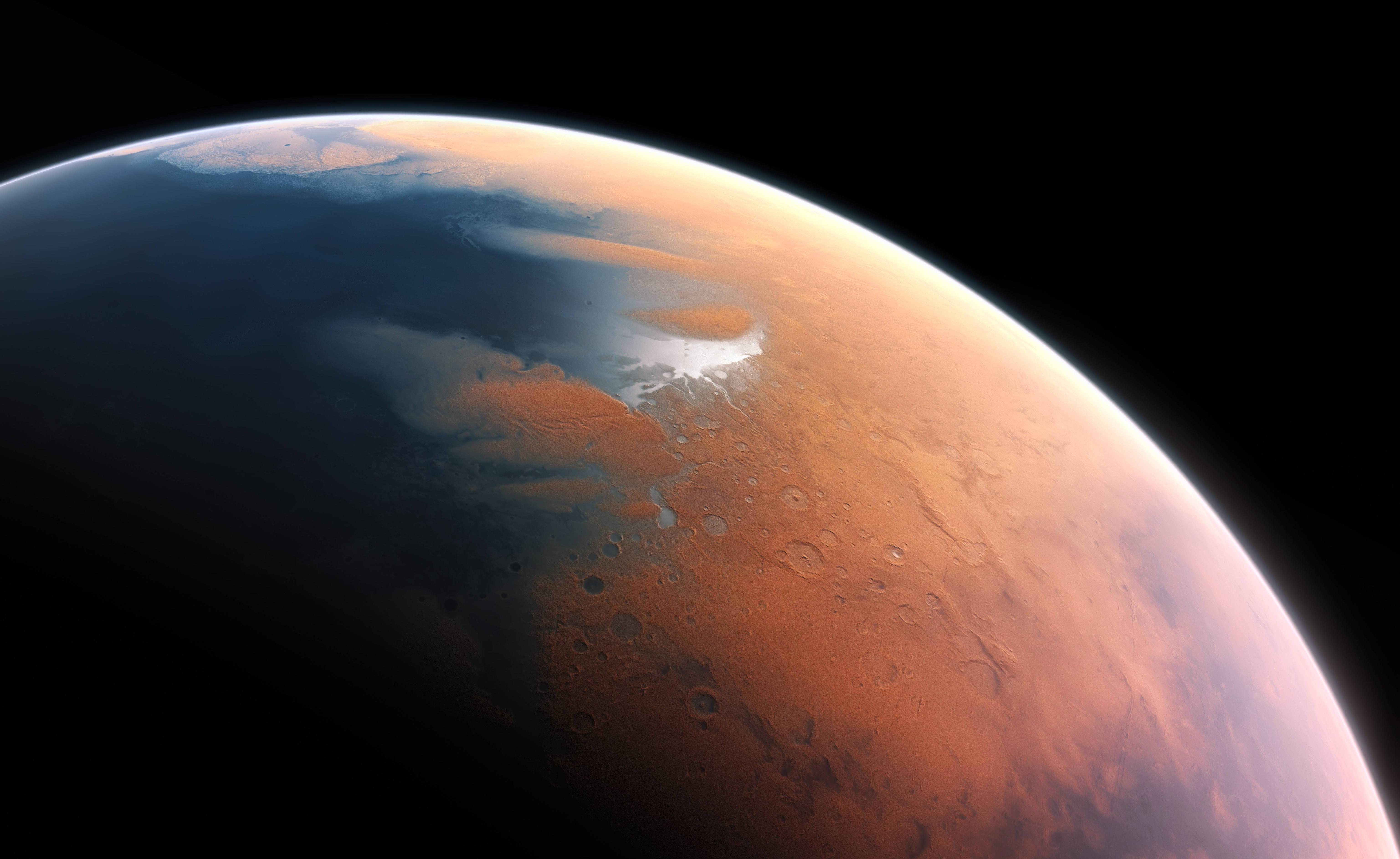 Mars planet from space with clouds and ice caps HD Wallpaper