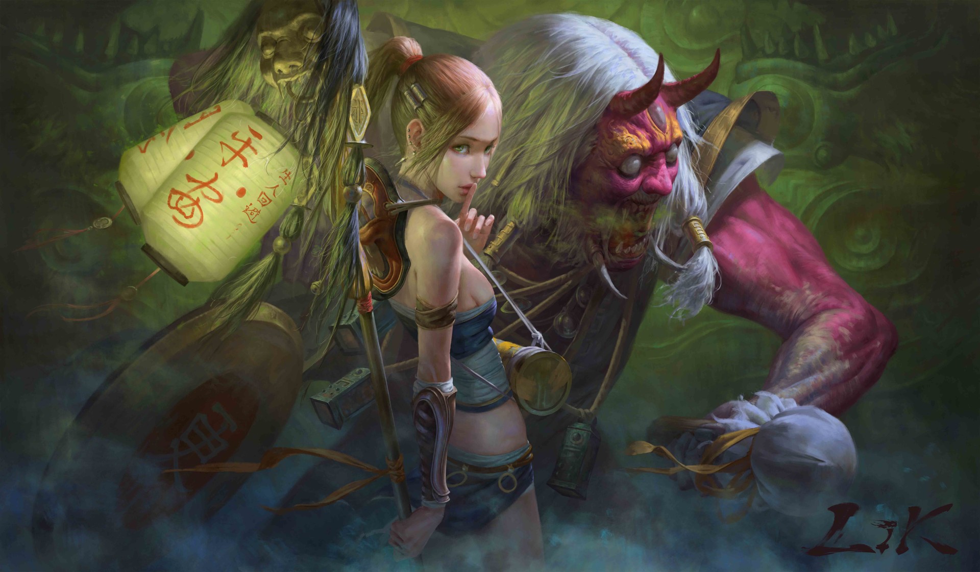 Girl with demon and lanterns in a dark fantasy setting HD Wallpaper