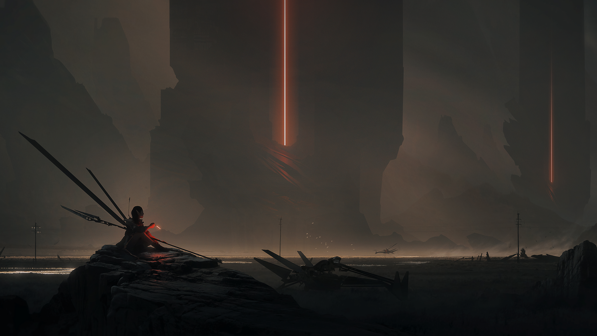 Futuristic landscape with a figure and towers HD Wallpaper
