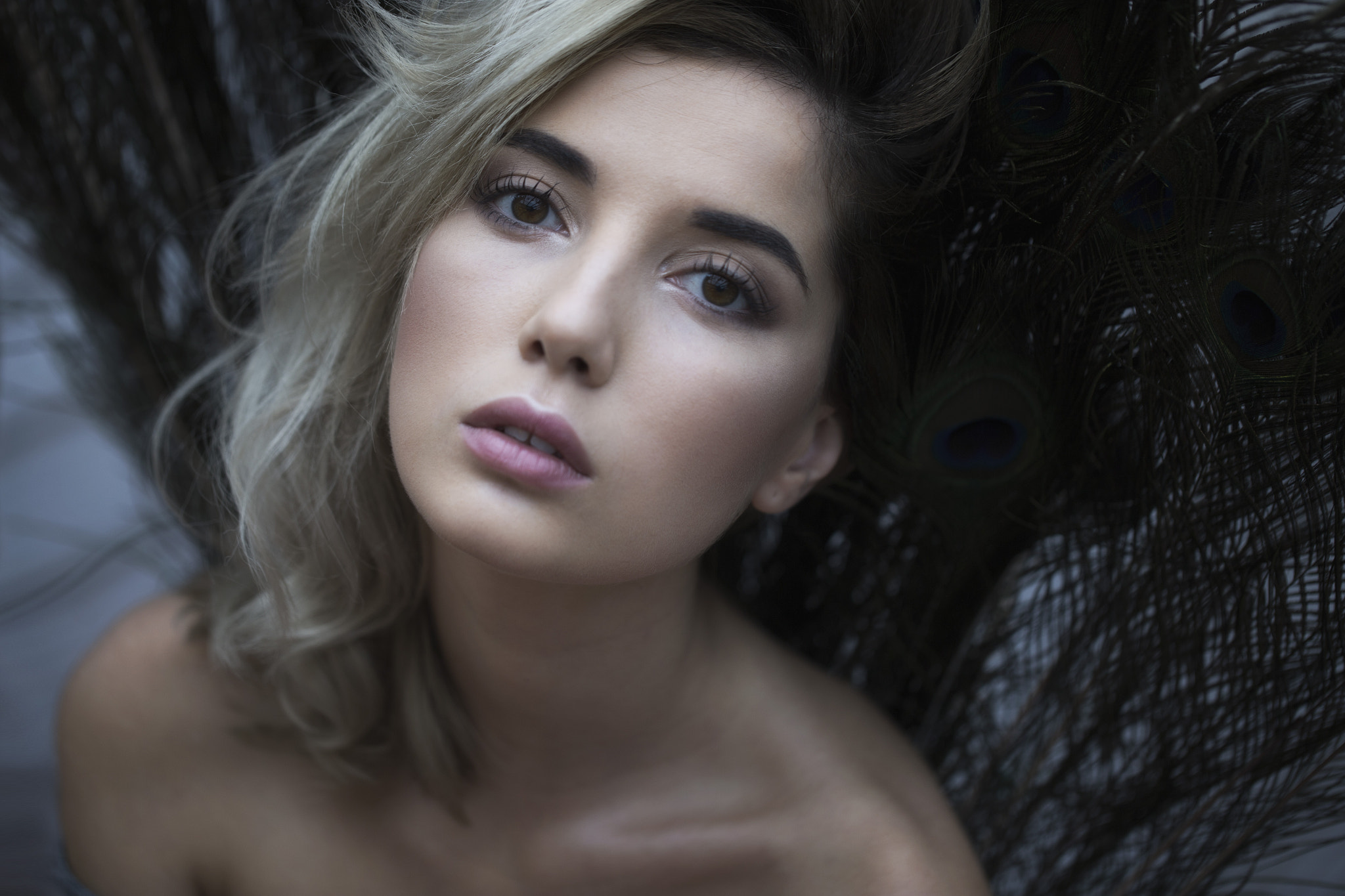 Woman with blonde hair and peacock feathers HD Wallpaper