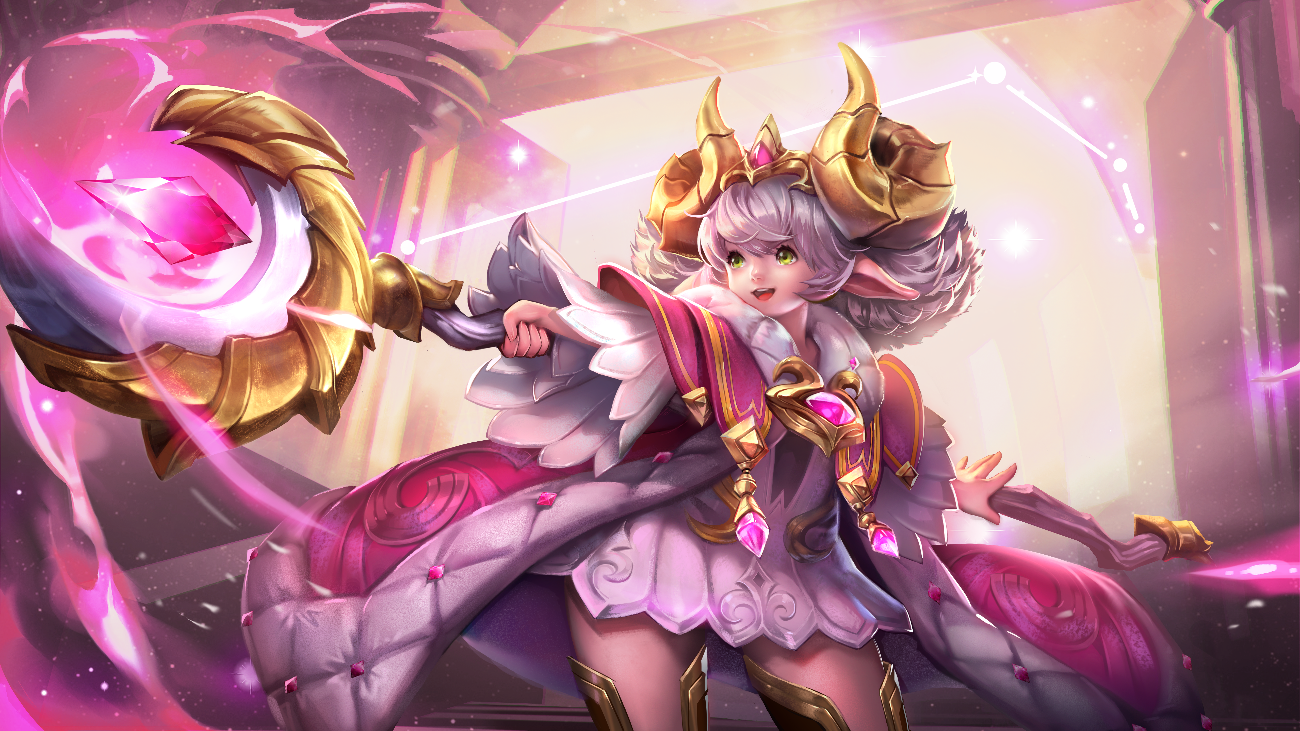 A girl with white hair and horns holding a staff HD Wallpaper