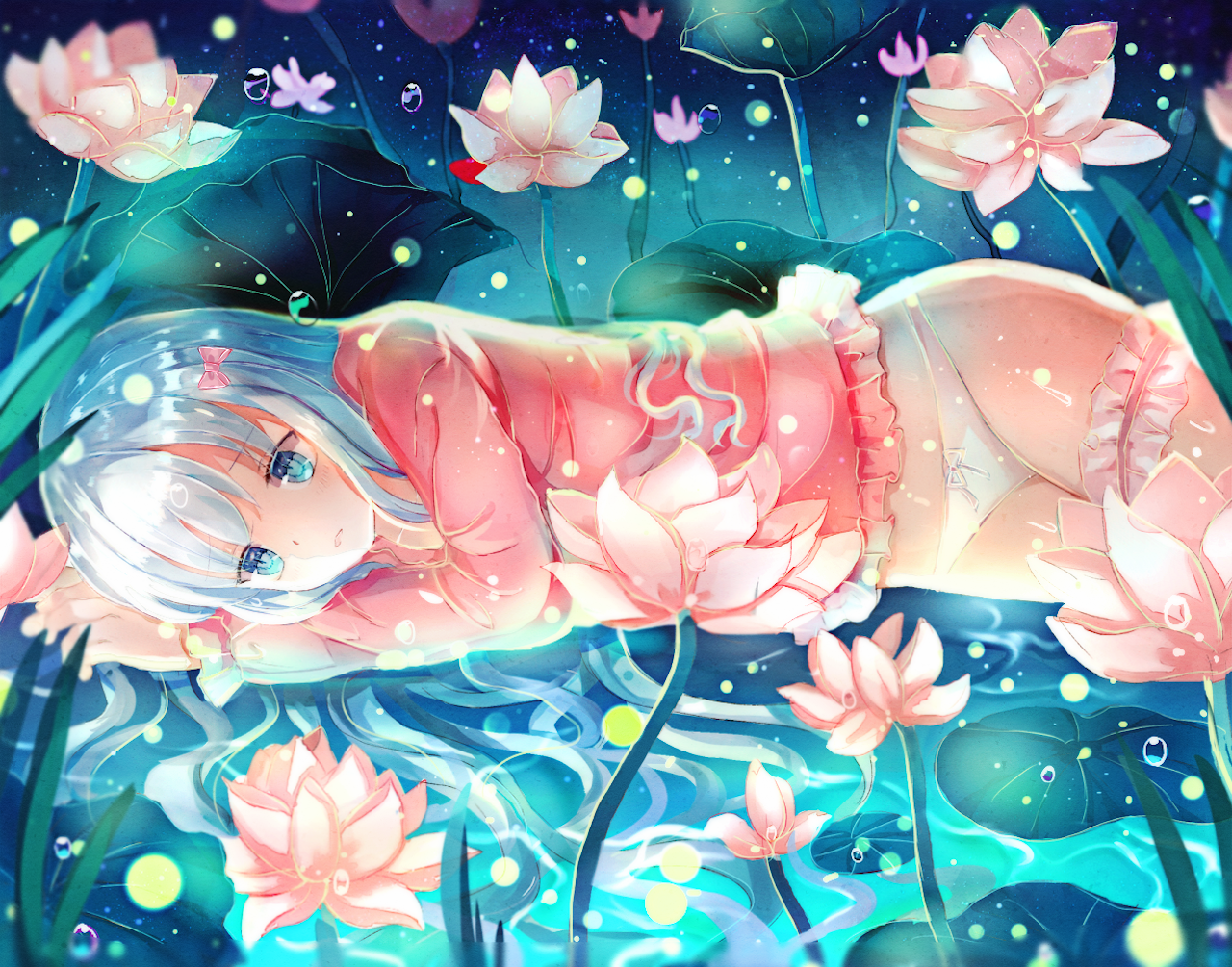 blue eyes, Izumi Sagiri, blue hair, water, underwear, Eromanga-sensei, panties, flowers, leaves, bubbles HD Wallpaper