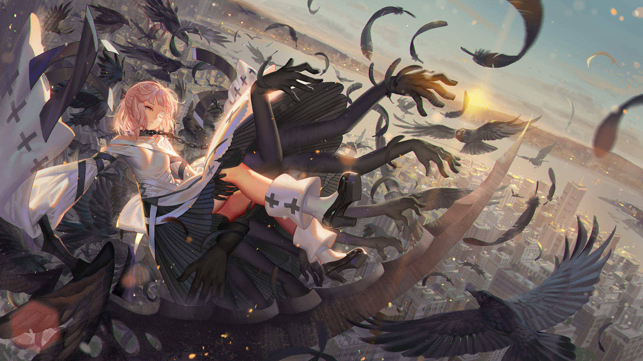 anime girls, nuns, falling, blonde, forever 7th capital, high heels, white hair, water, city, anime, feathers, short hair, lake, sunset, chains, crow HD Wallpaper