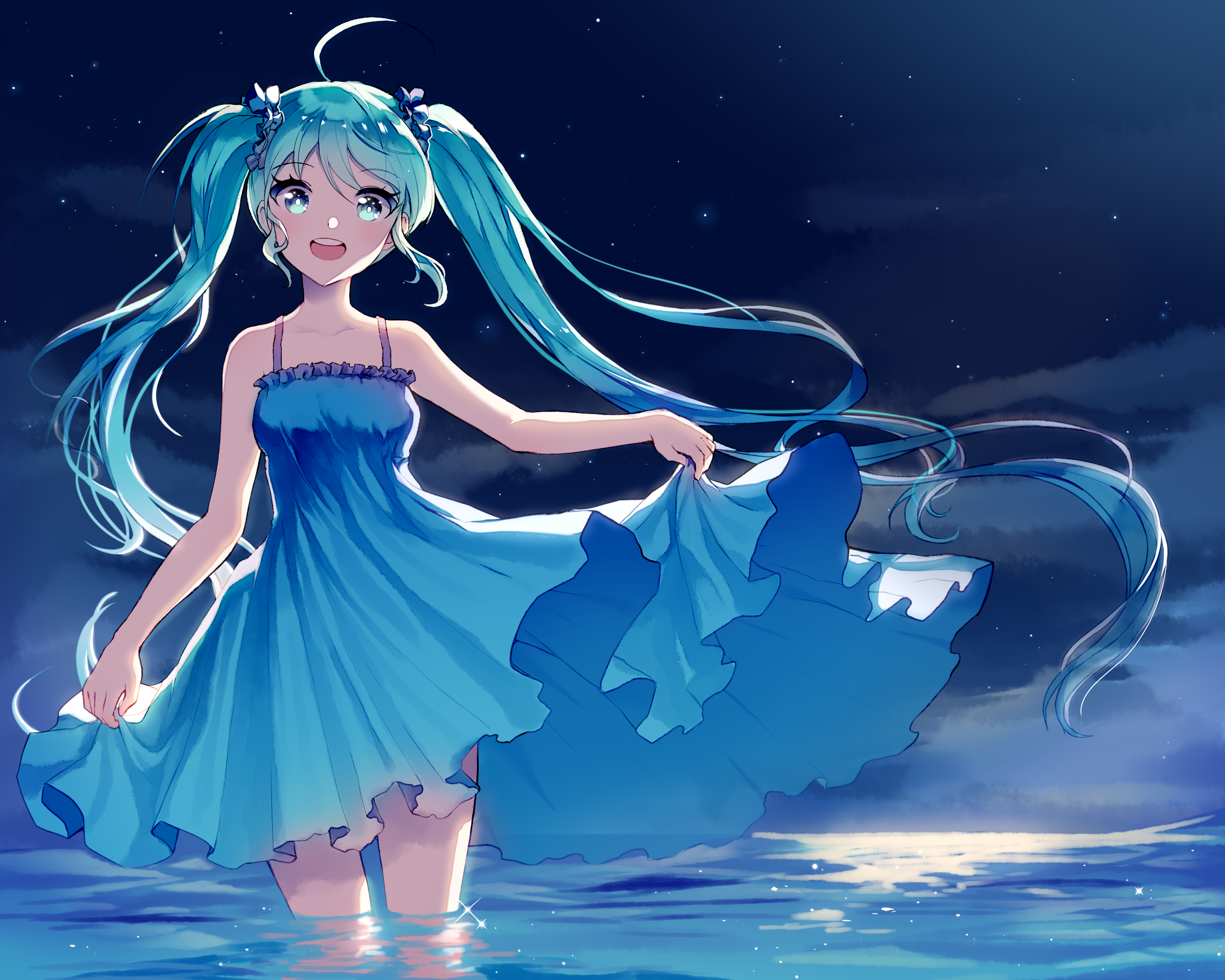 dress, anime, bare shoulders, beach, long hair, stars, blushing, clouds, water, Hatsune Miku, sky, anime girls, twintails, night, aqua eyes, sea, open mouth, looking at viewer, blue dress, aqua hair HD Wallpaper