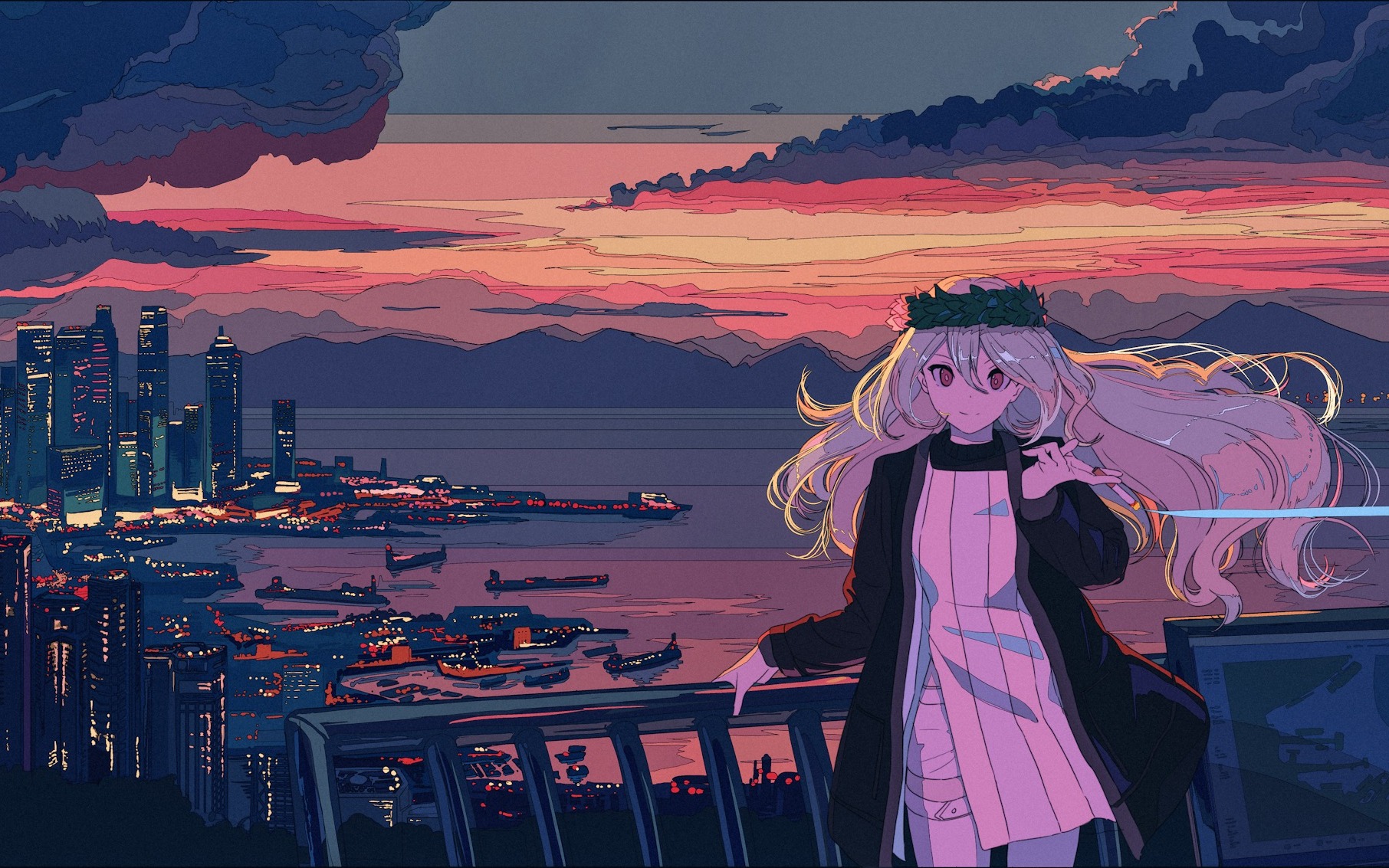 Anime girl with flower crown overlooking cityscape at sunset HD Wallpaper