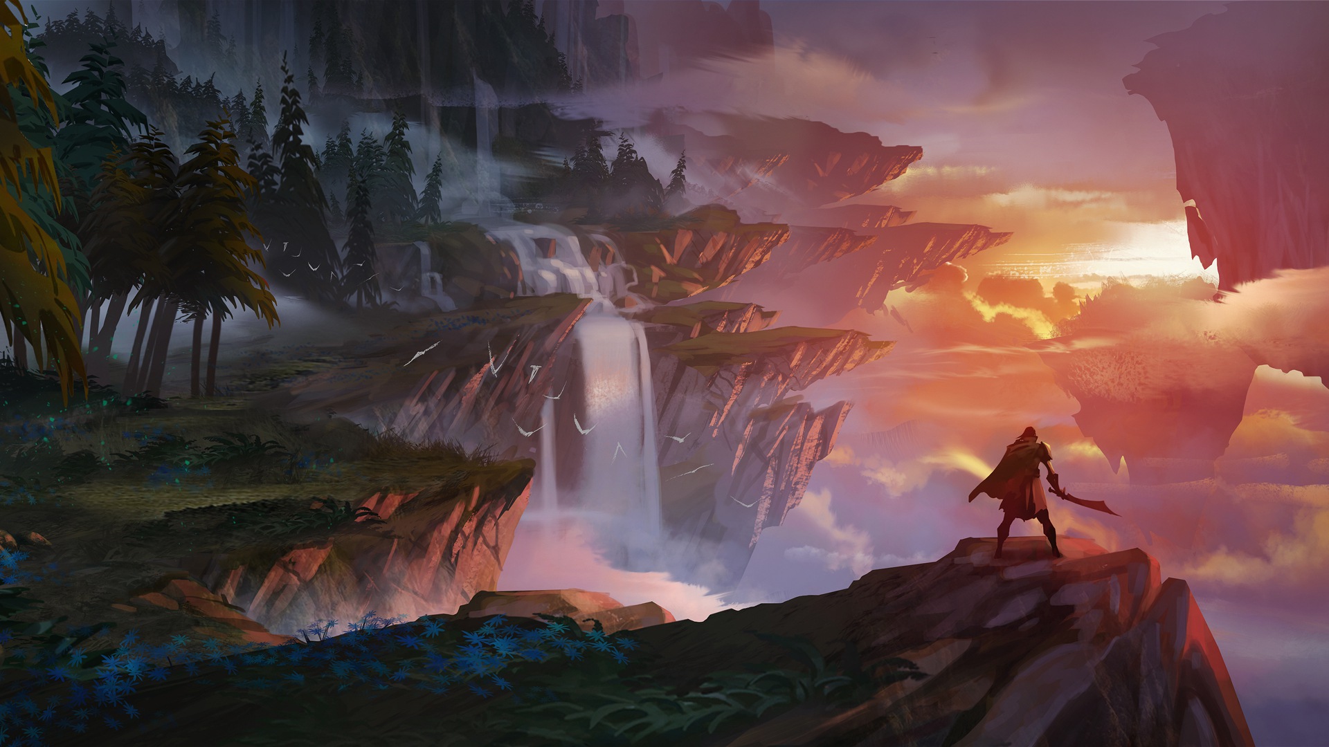 Dauntless character overlooking floating islands at sunset HD Wallpaper