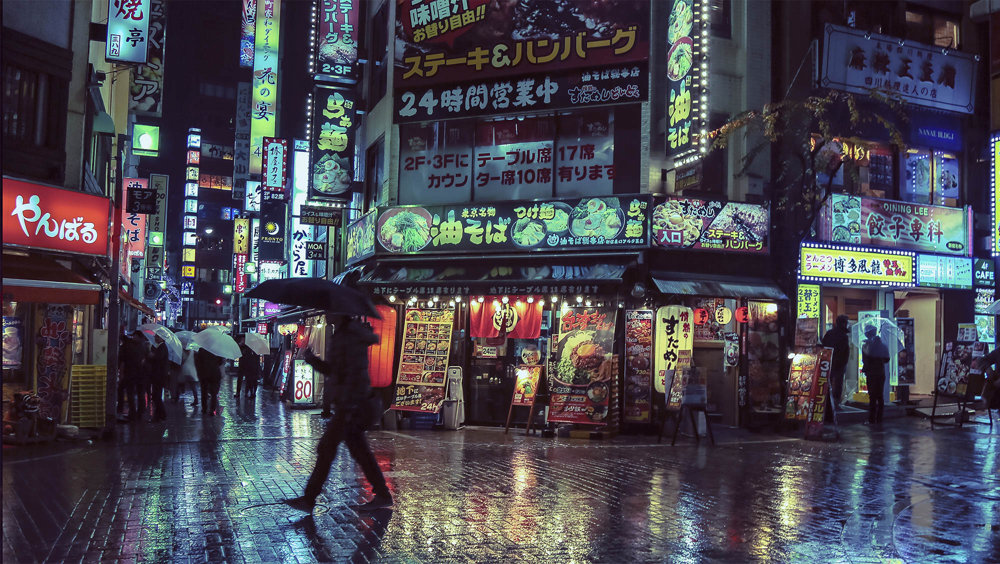 Rainy night in a Japanese city with neon signs HD Wallpaper