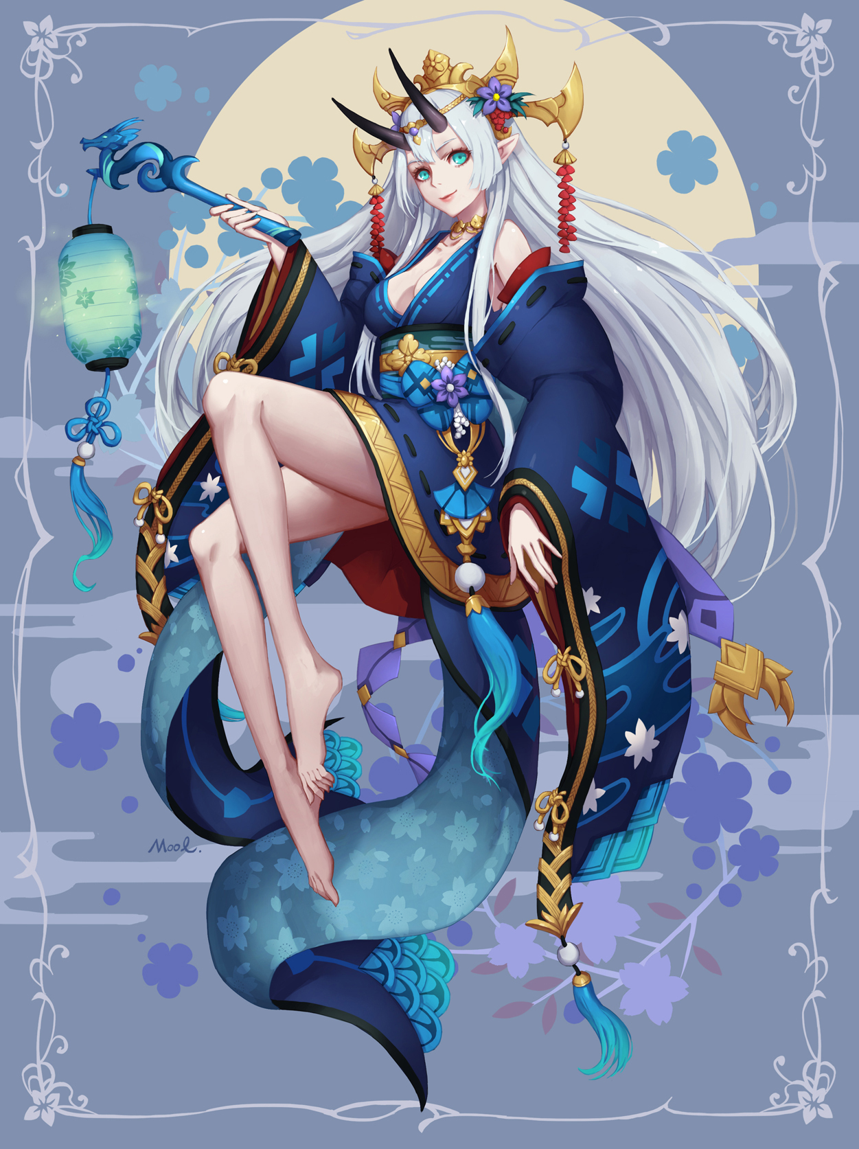 Anime girl with horns and snake tail holding a lantern staff HD Wallpaper