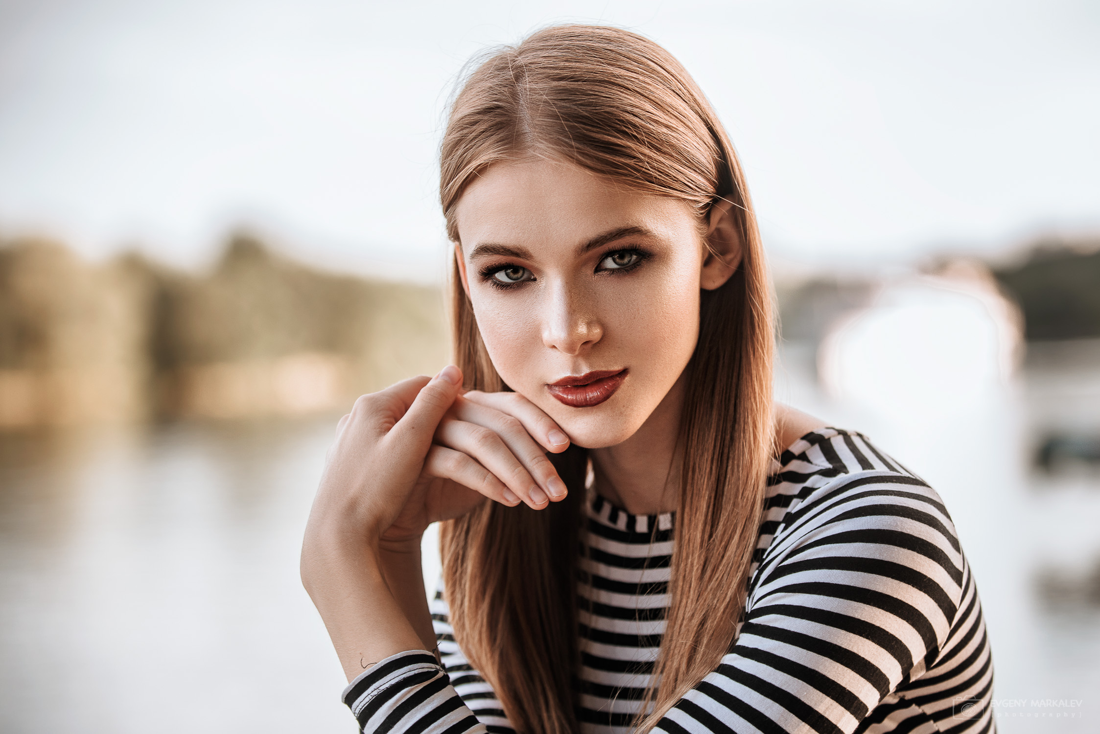 Woman with blonde hair in a striped shirt HD Wallpaper