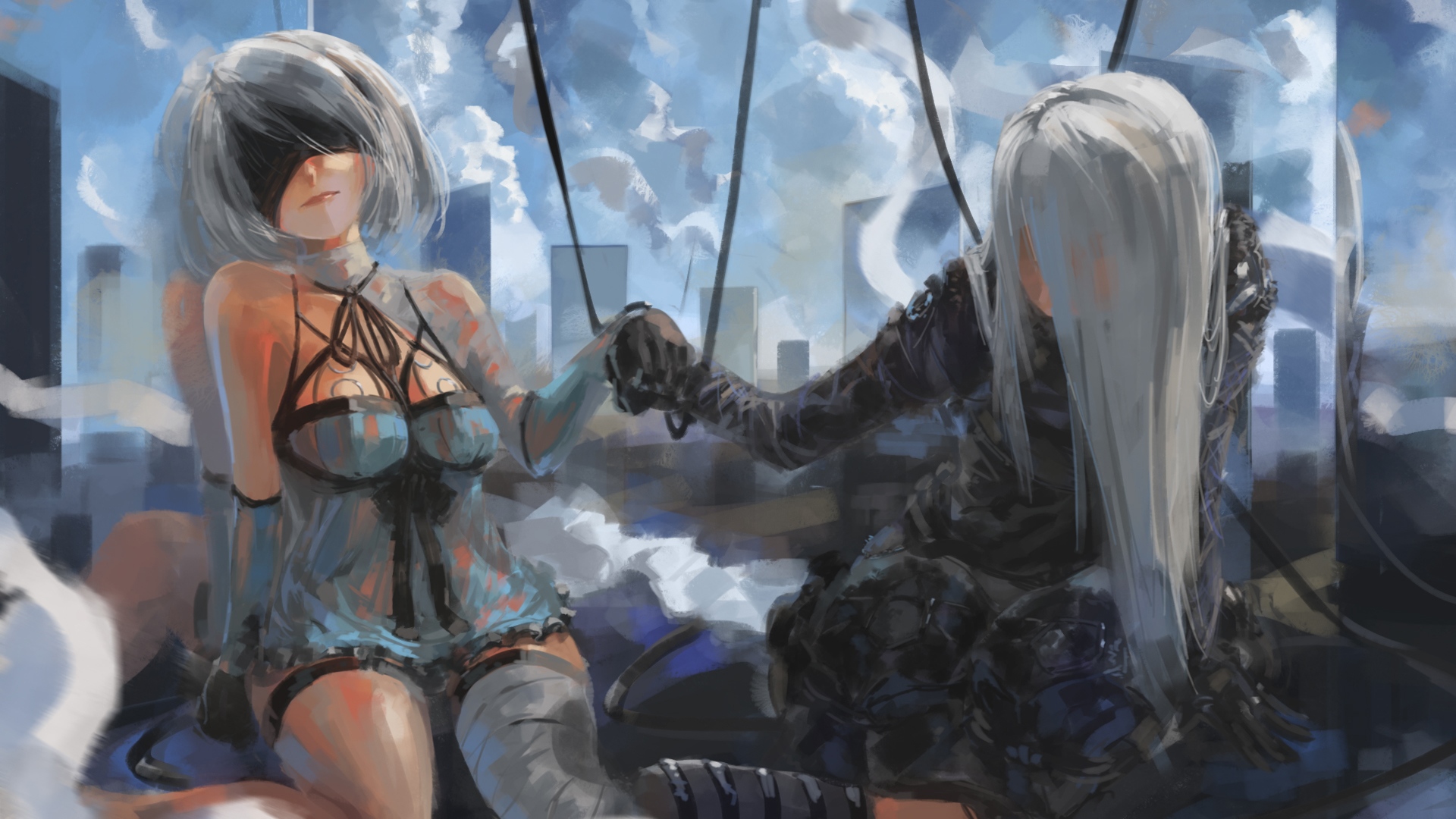 2B and A2 from NieR: Automata holding hands HD Wallpaper