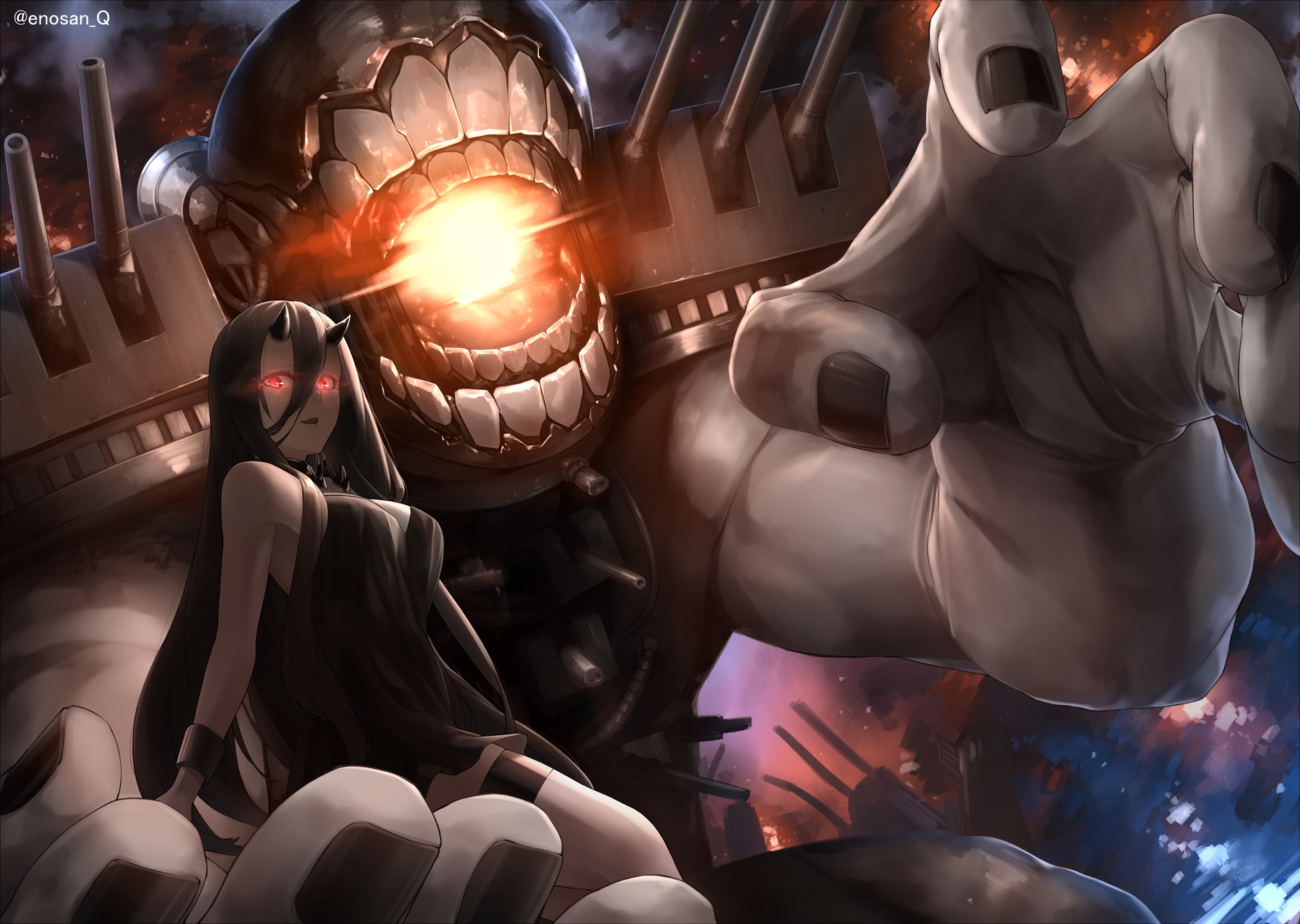 Anime girl with horns and giant robot firing cannon HD Wallpaper