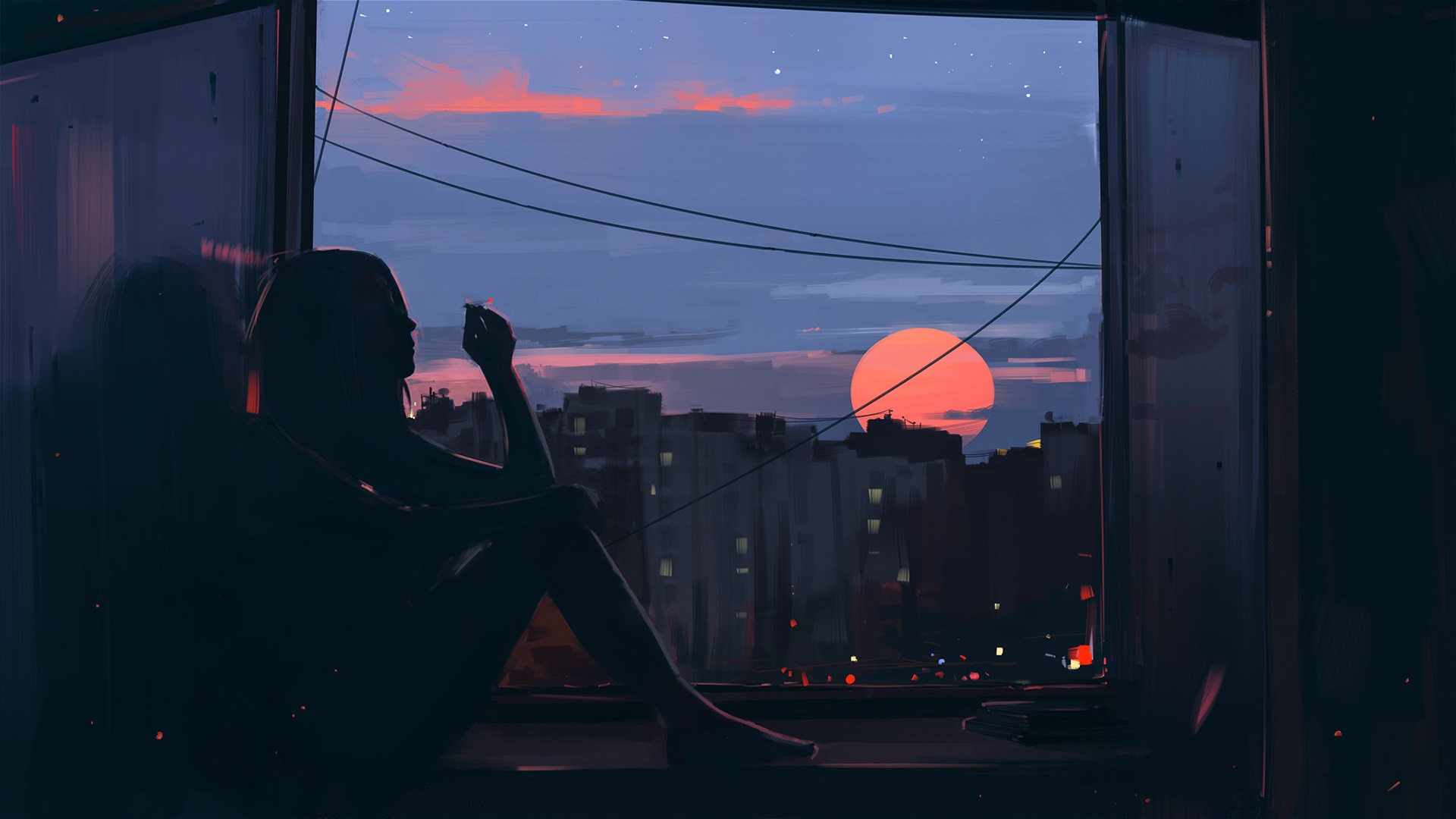 Woman sitting at a window watching the sunset over a city HD Wallpaper