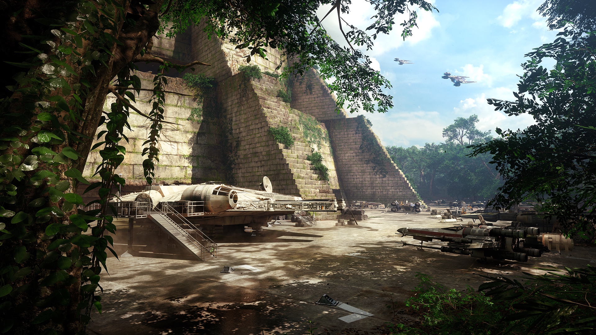 Millennium Falcon and X-wing on Star Wars planet HD Wallpaper