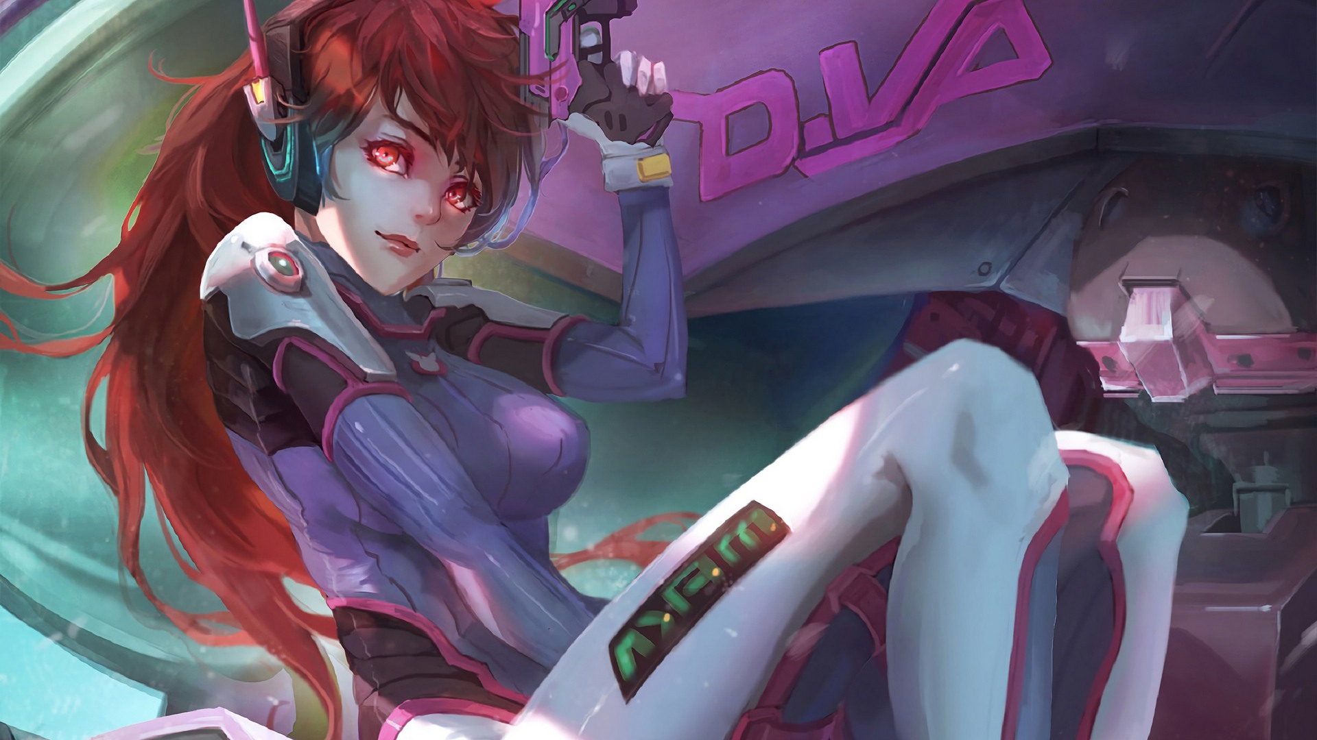 D.Va from Overwatch sitting with a gun HD Wallpaper