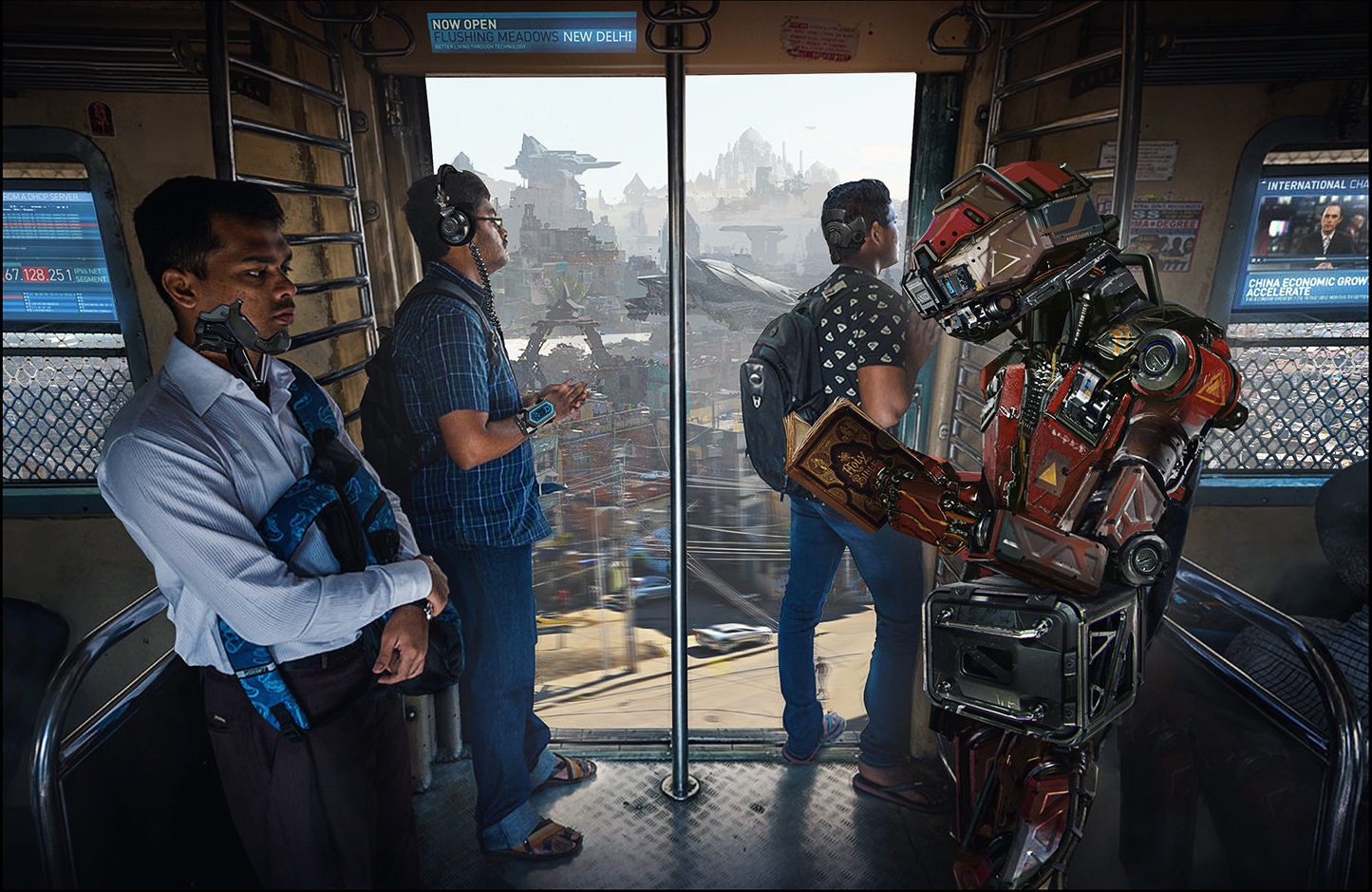 Robot reading Holy Bible in futuristic New Delhi train HD Wallpaper