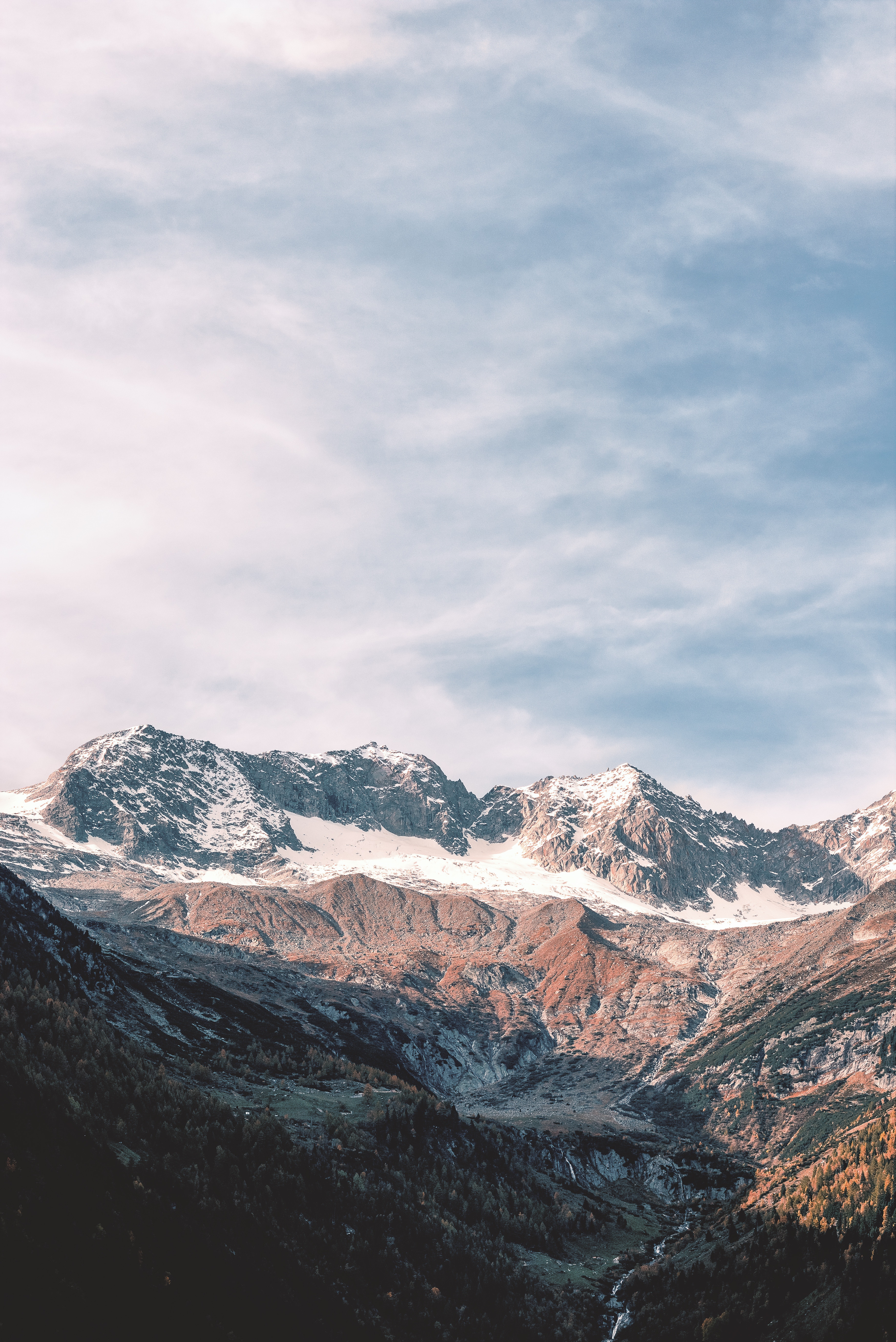 Snow-capped mountains with trees and sky HD Wallpaper