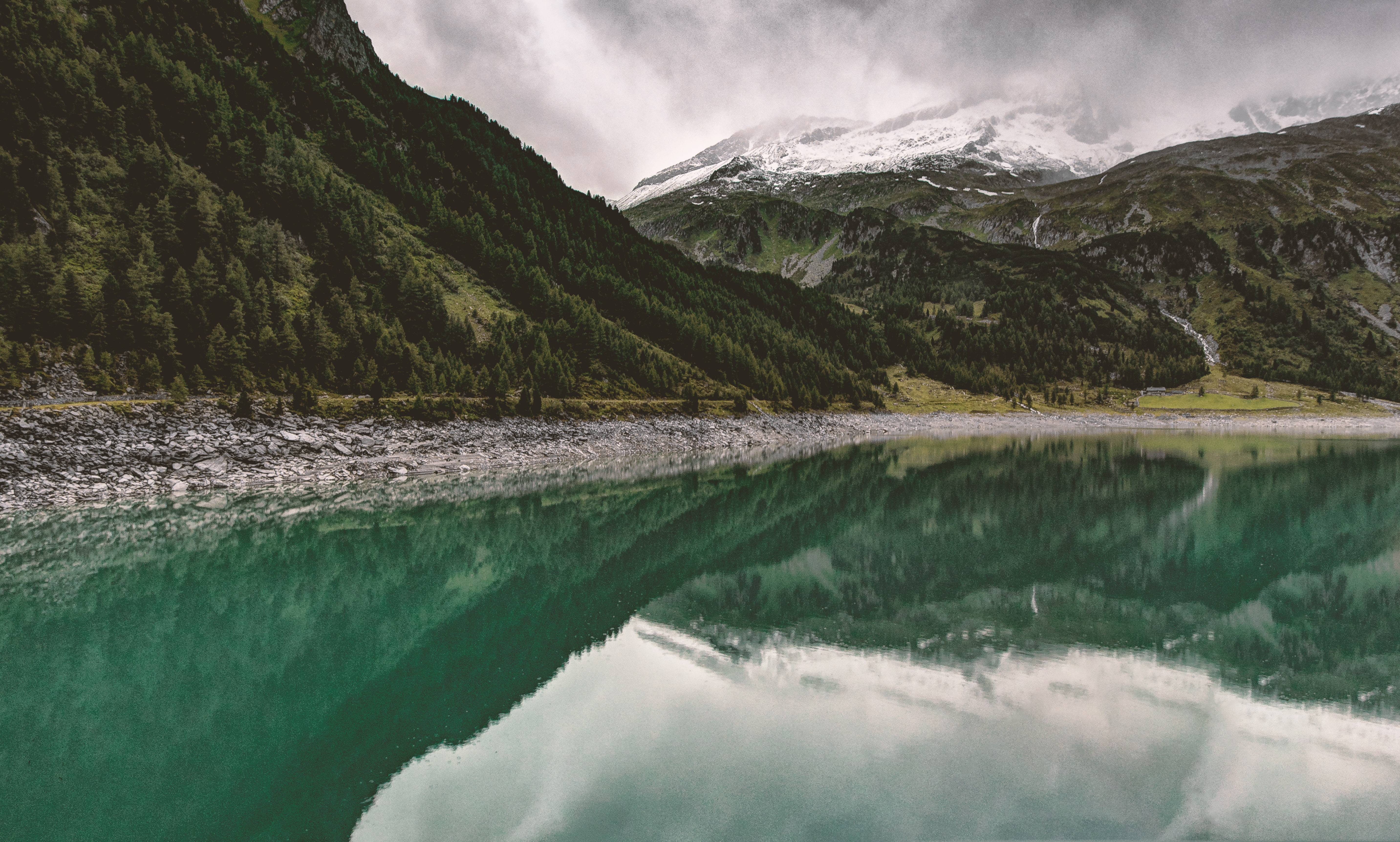 Snow-capped mountains reflected in a lake with evergreen trees HD Wallpaper