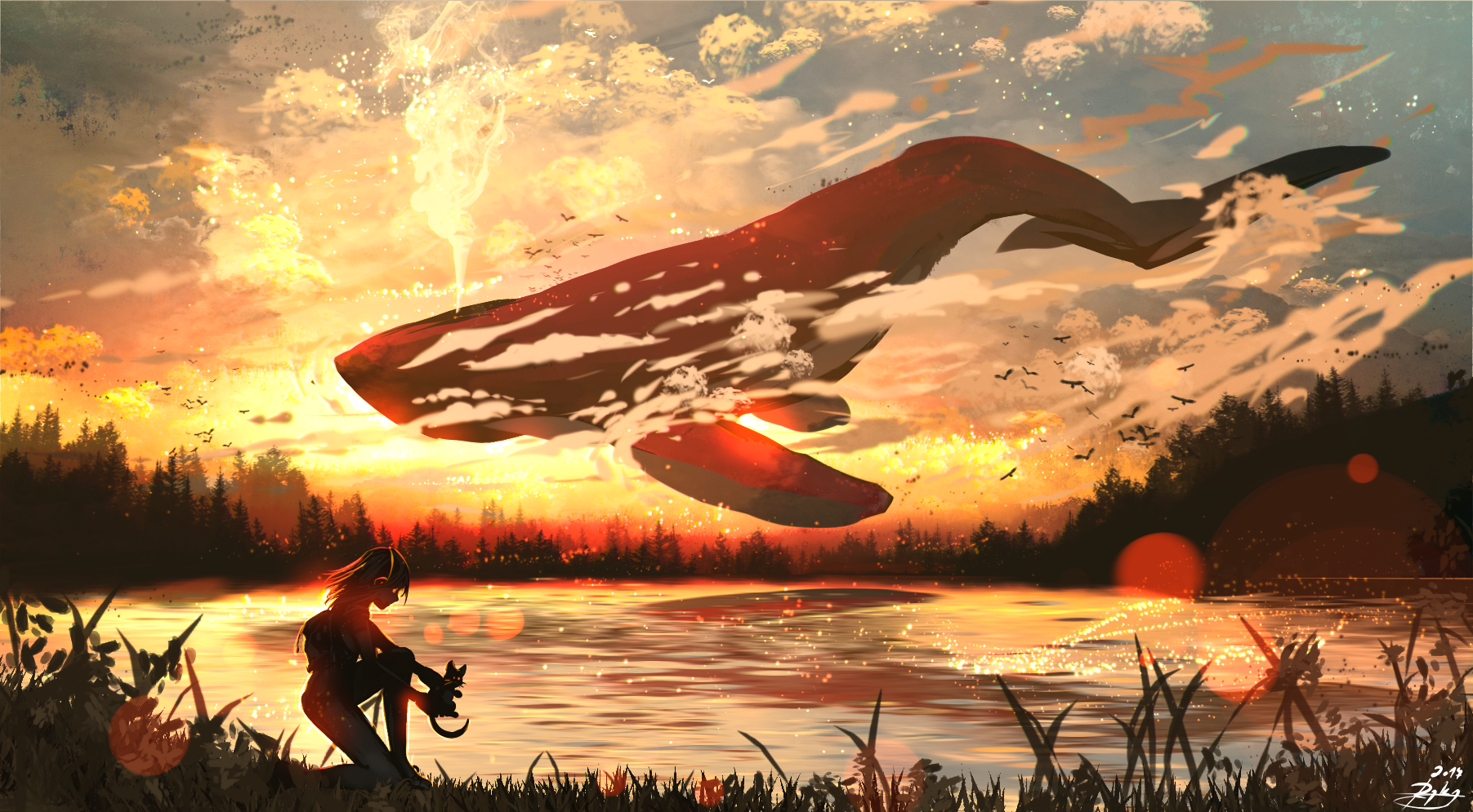 Fantasy whale flying over a lake at sunset HD Wallpaper