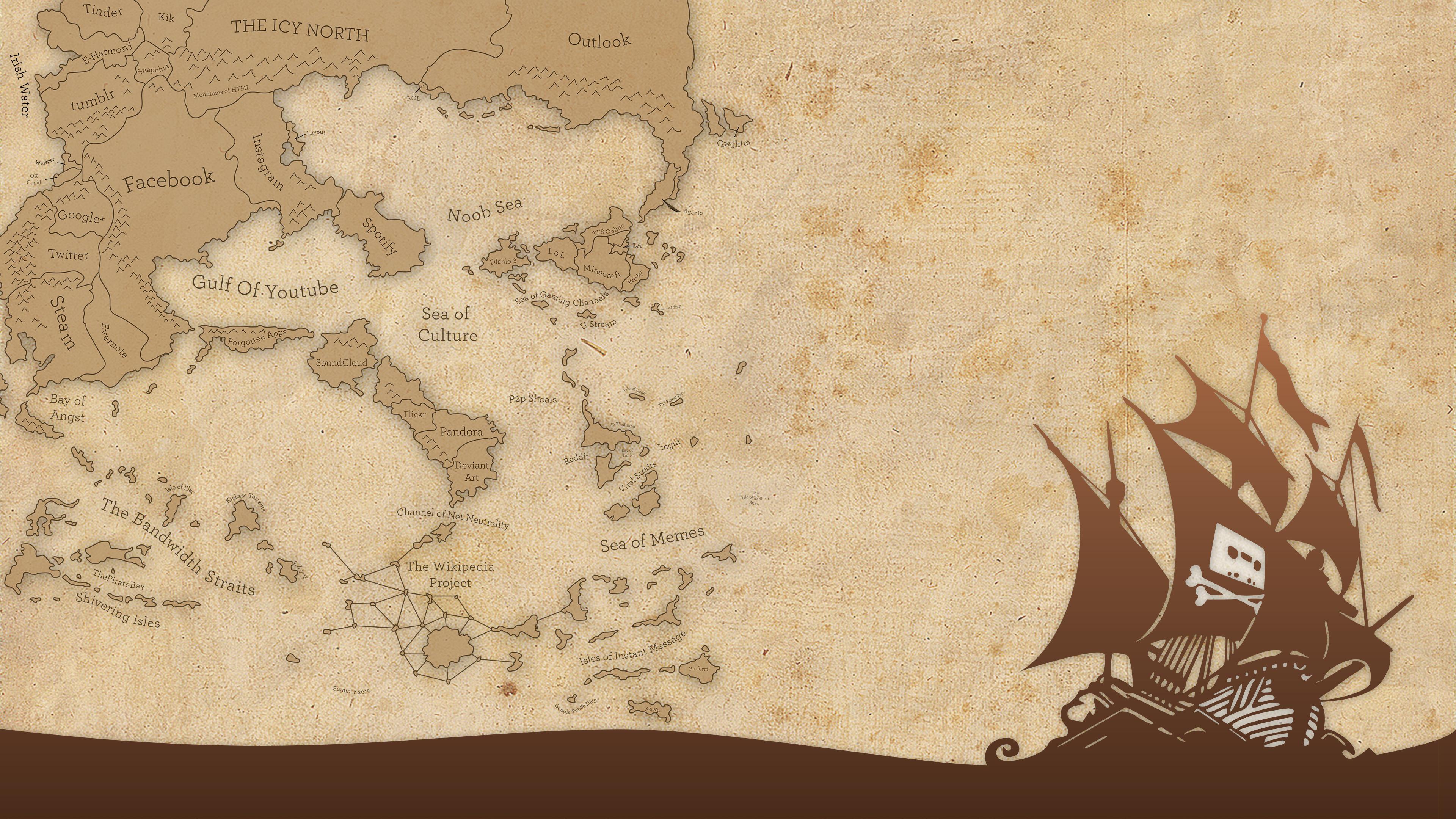 Pirate ship sailing on a vintage map of internet sites HD Wallpaper