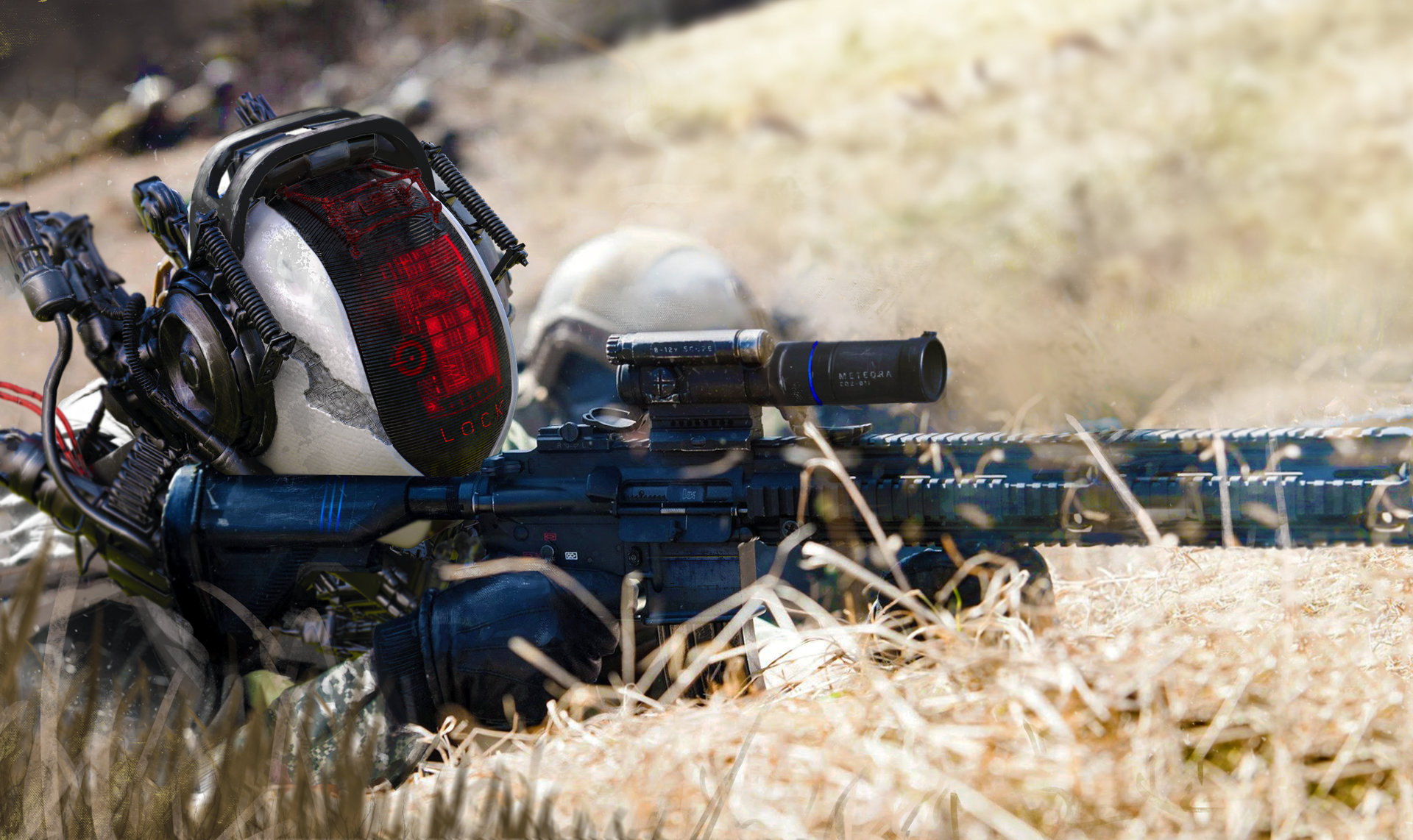 Futuristic soldier with rifle HD Wallpaper