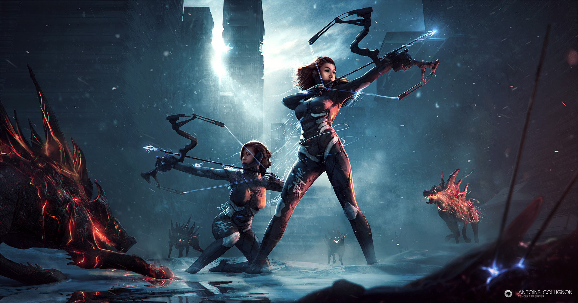 Two female hunters with bows and fiery creatures in a futuristic city HD Wallpaper