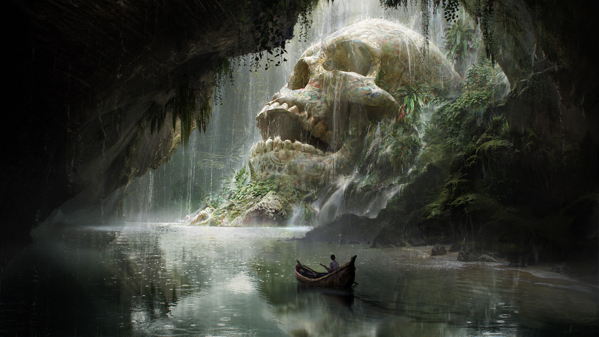 Giant skull formation in a cave with a person in a boat HD Wallpaper