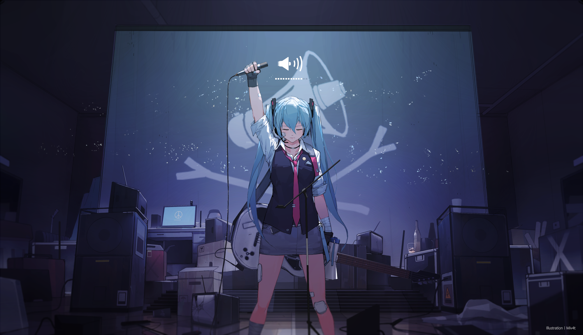 Hatsune Miku singing with microphone in a room with speakers HD Wallpaper