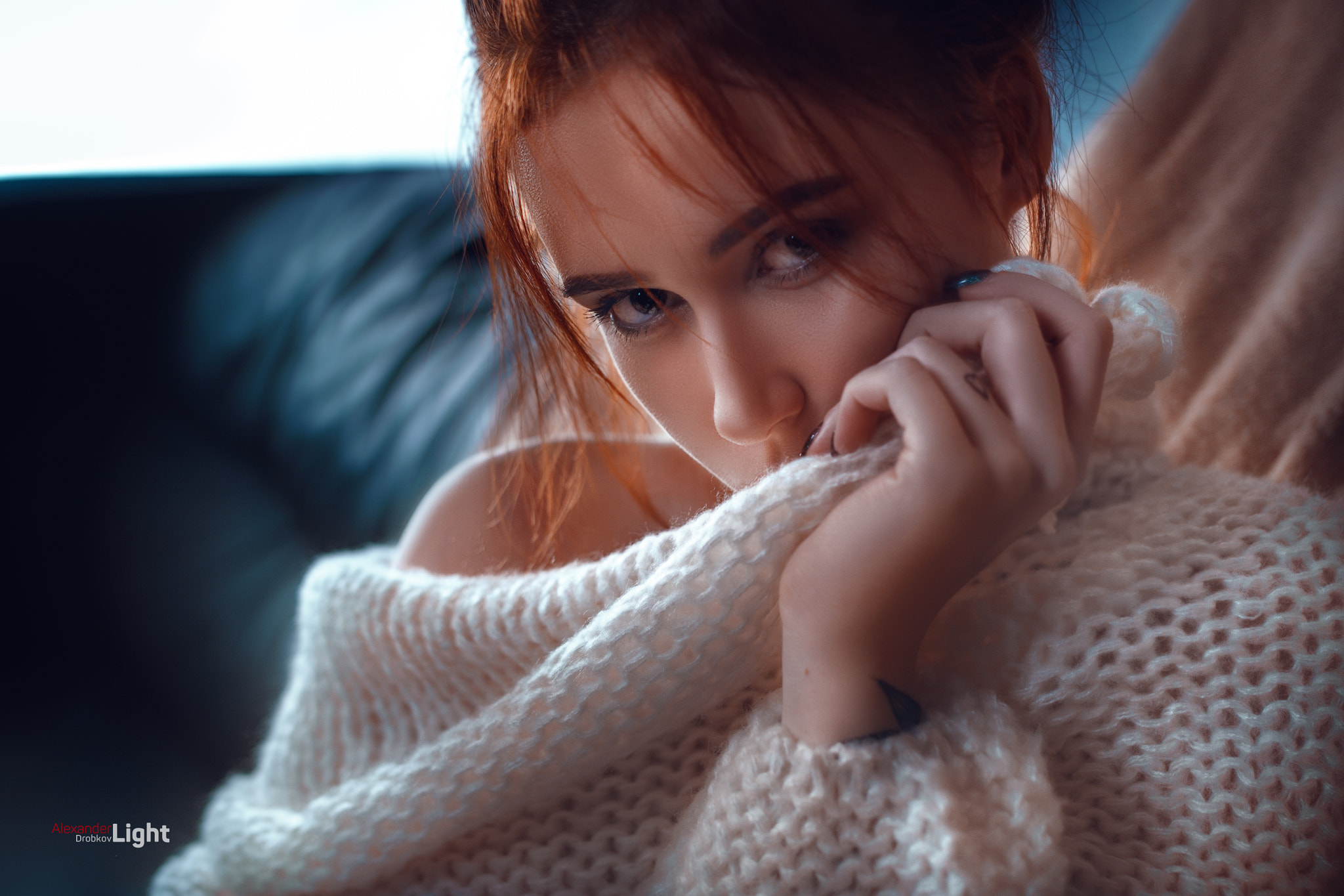 Woman with red hair wearing a white sweater HD Wallpaper