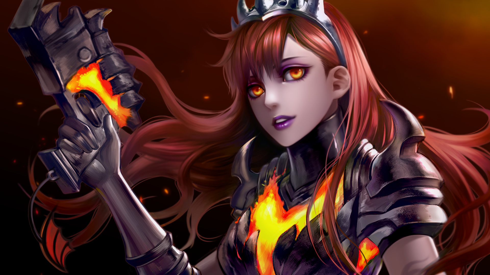 Woman with fiery armor and gun HD Wallpaper