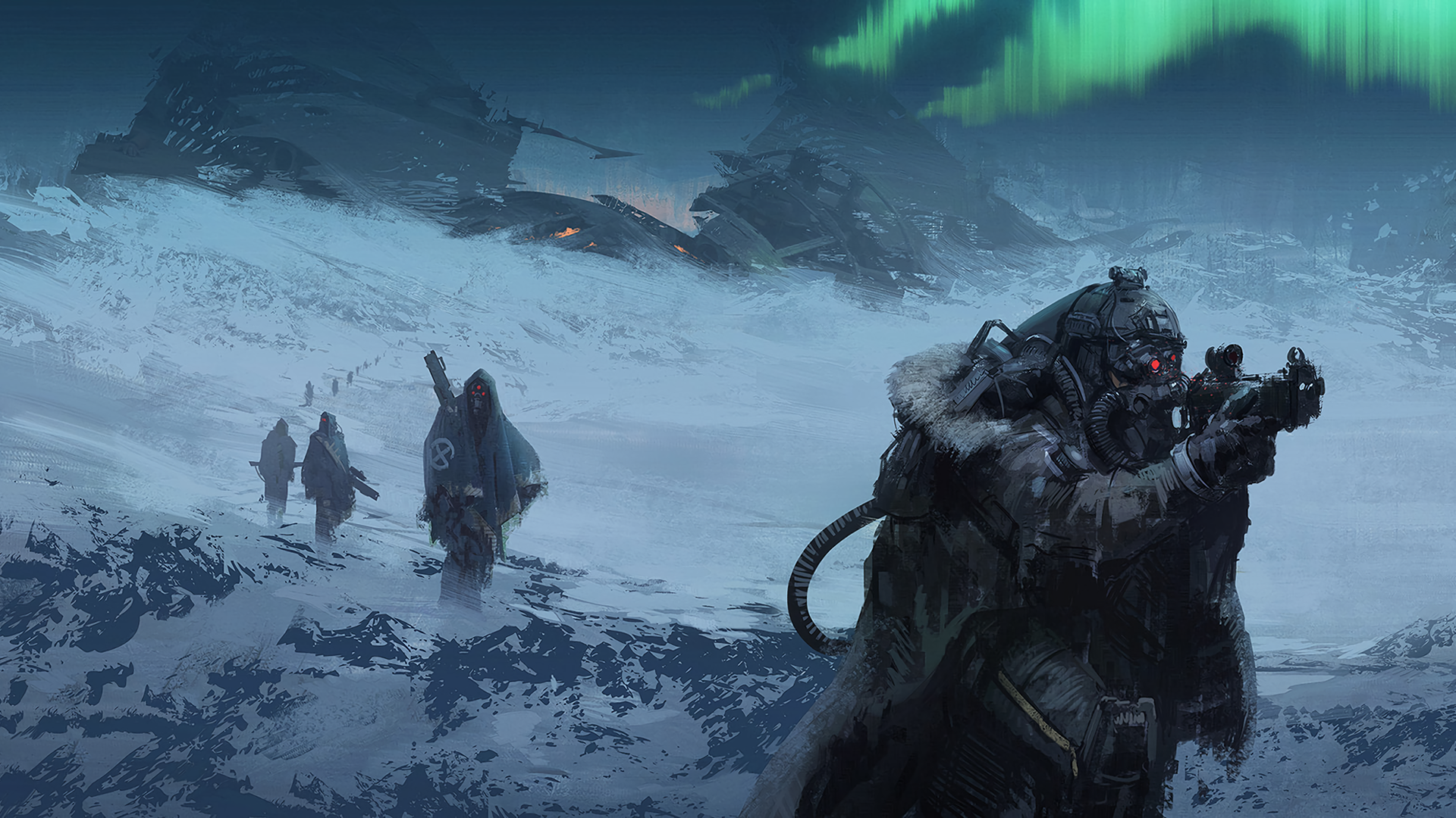 Soldiers in a snowy landscape with aurora borealis HD Wallpaper