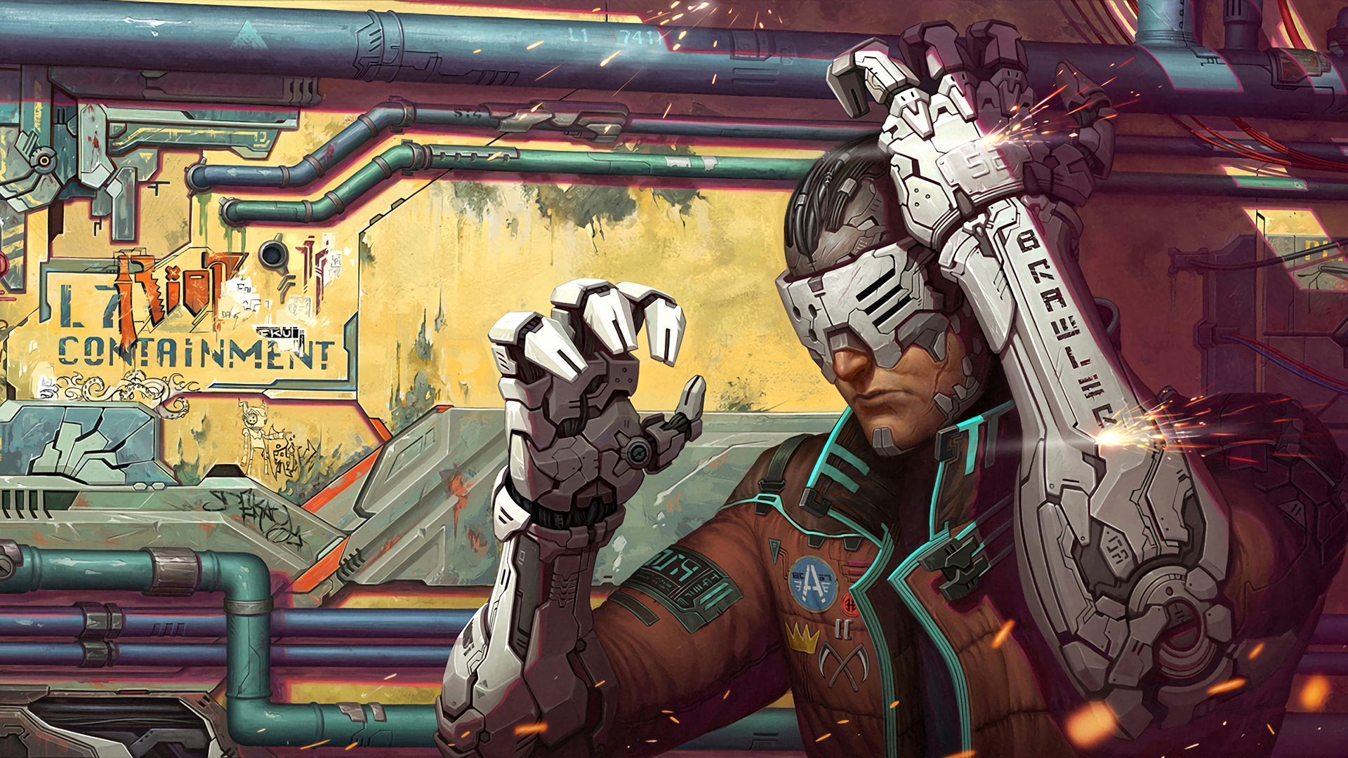 Man with cybernetic arms in industrial setting HD Wallpaper