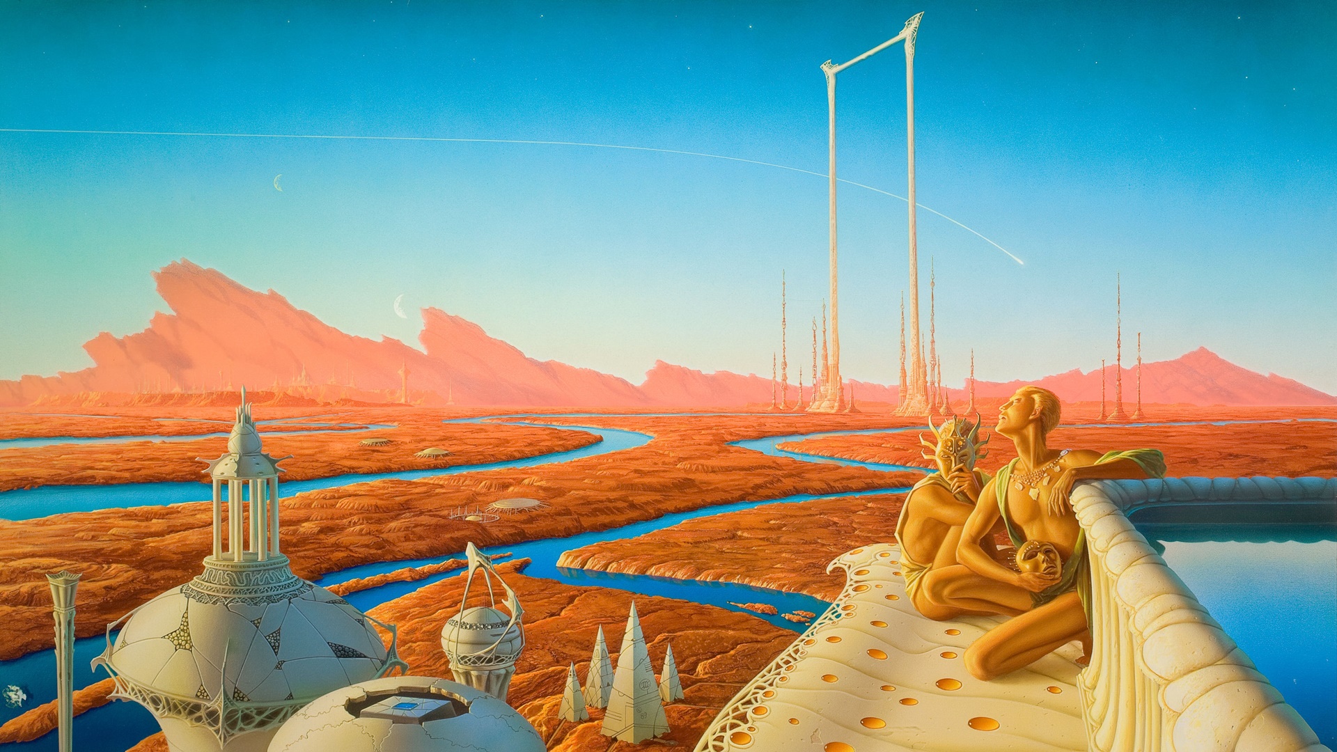 Futuristic city on Mars with two figures HD Wallpaper