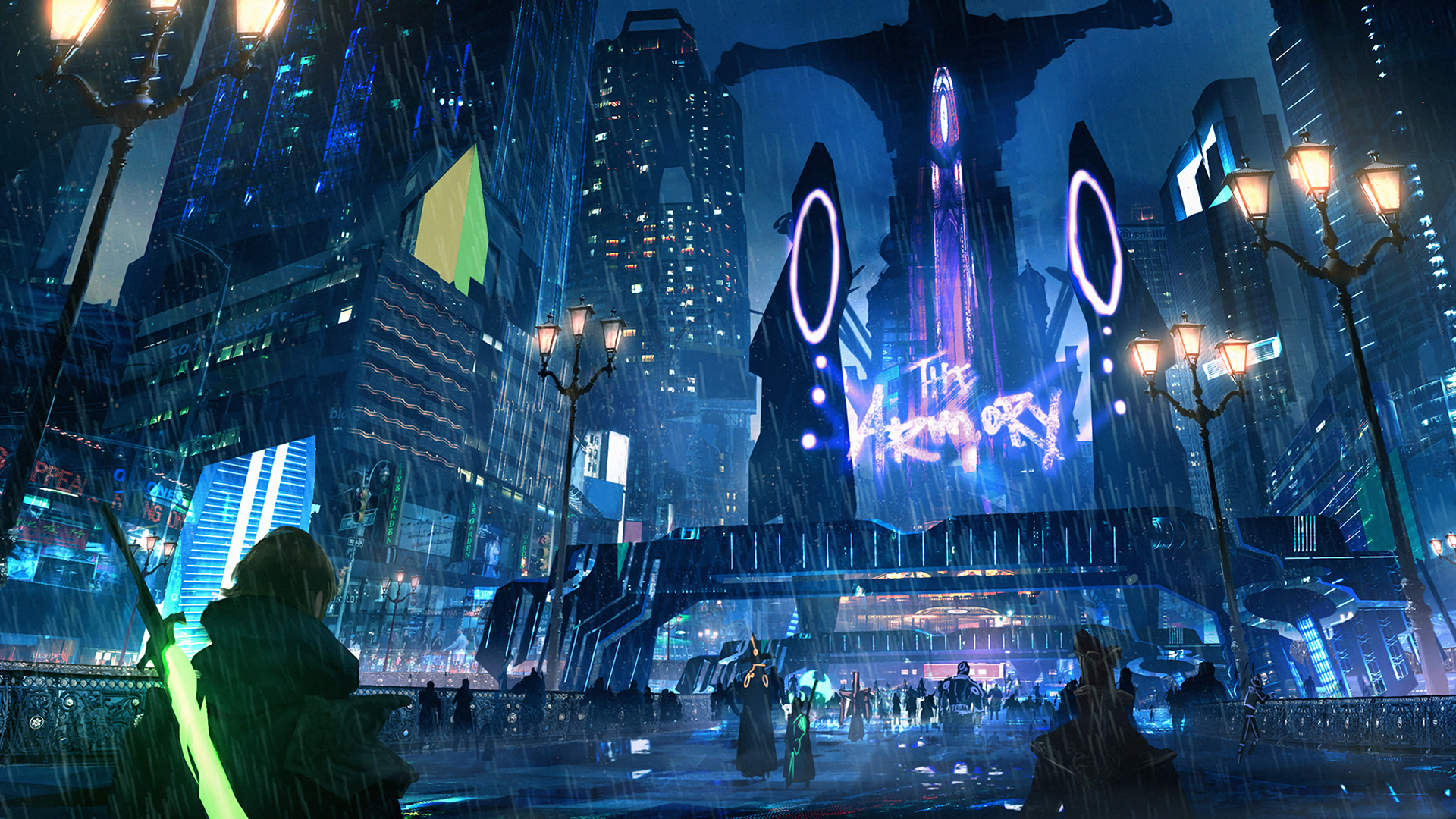 Futuristic city street at night with rain HD Wallpaper