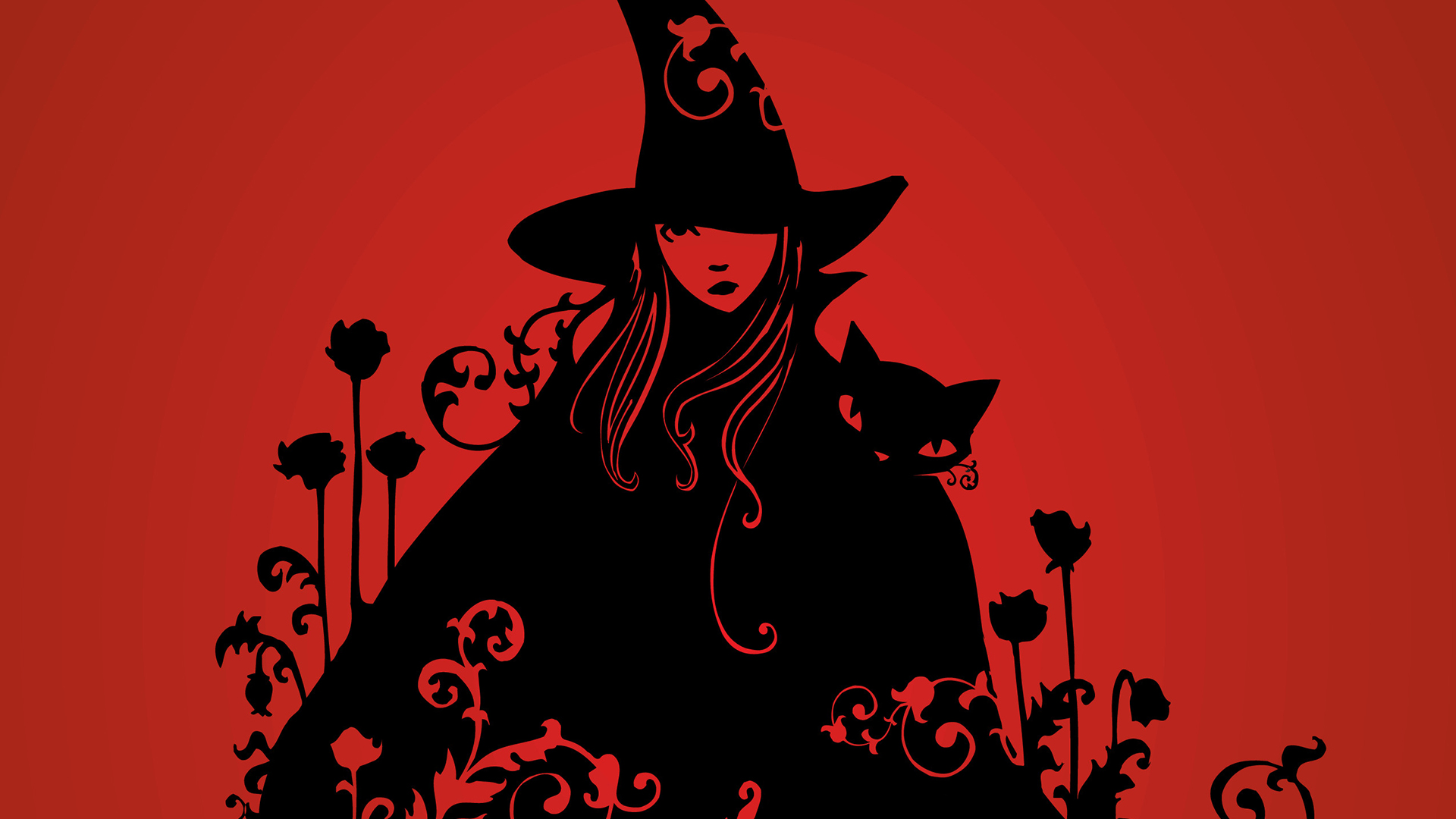 Black silhouette of a witch and a cat on a red background HD Wallpaper