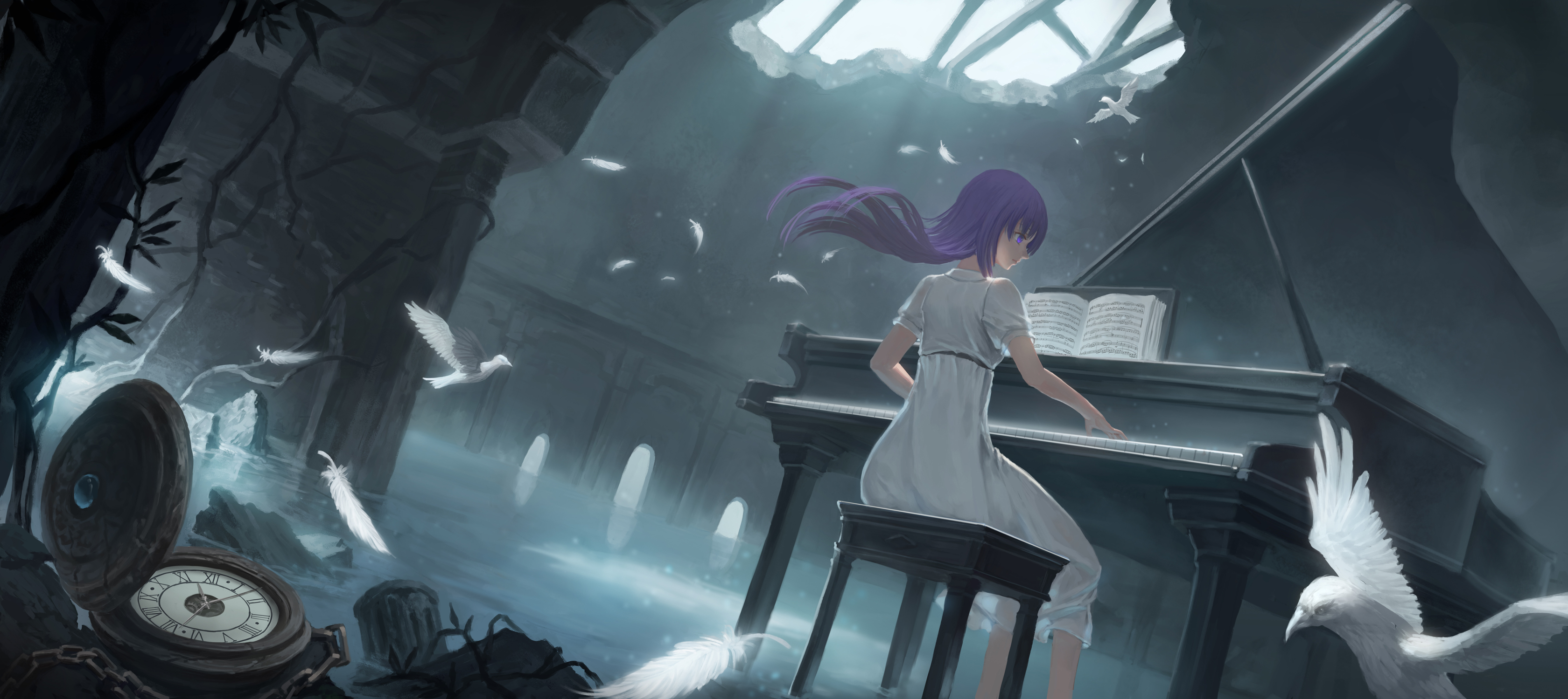Matou Sakura from Fate/stay night playing piano with doves HD Wallpaper