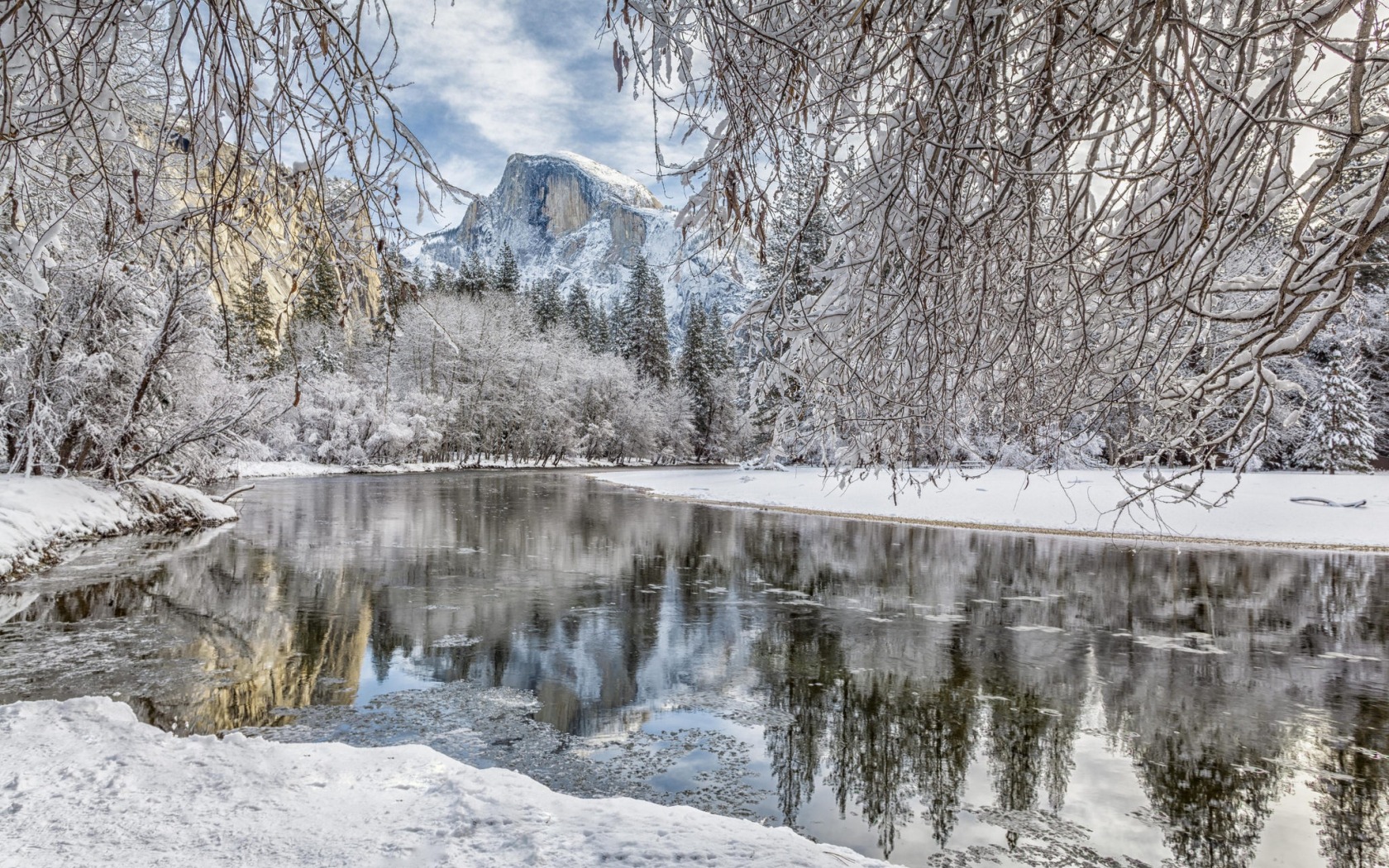 Snowy Yosemite National Park with Half Dome Reflection HD Wallpaper