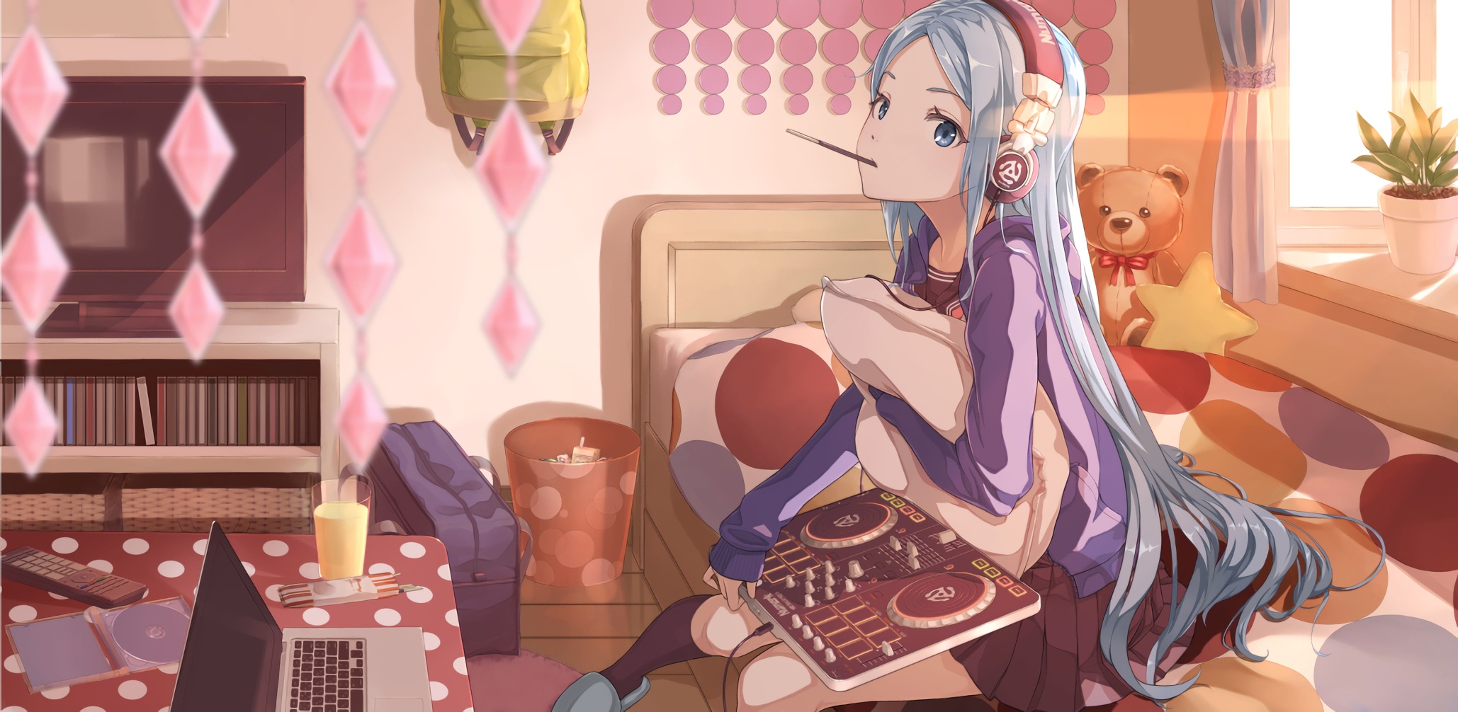 Girl with blue hair and headphones eating a snack HD Wallpaper