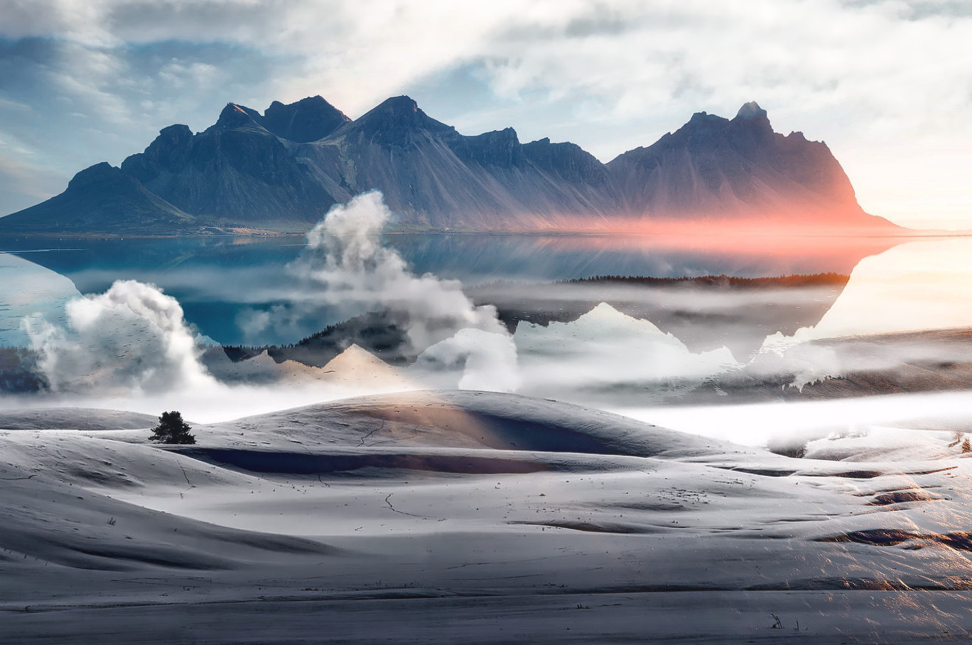 Snowy landscape with mountains and reflection HD Wallpaper