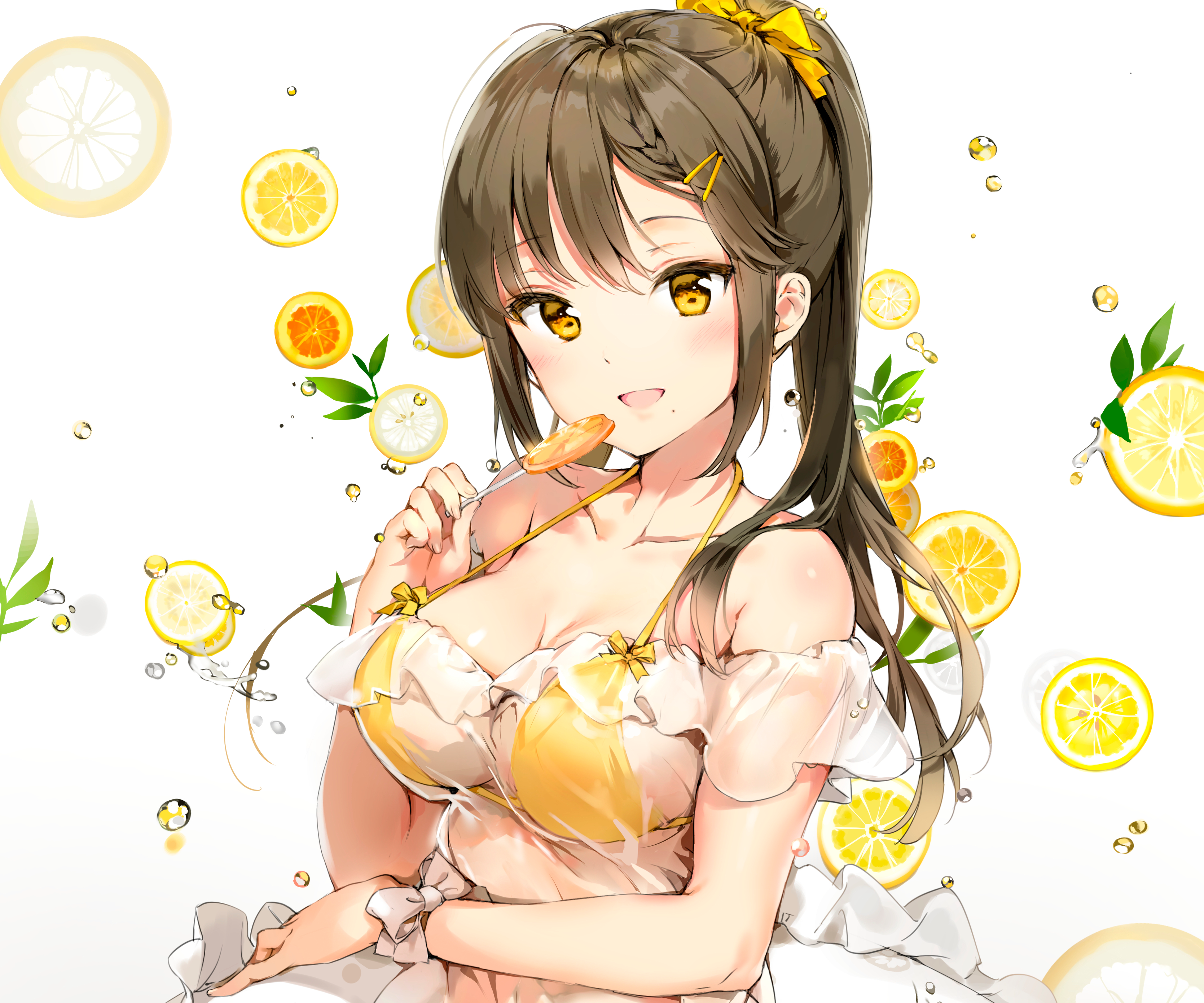 Girl with ponytail and yellow eyes eating lollipop HD Wallpaper