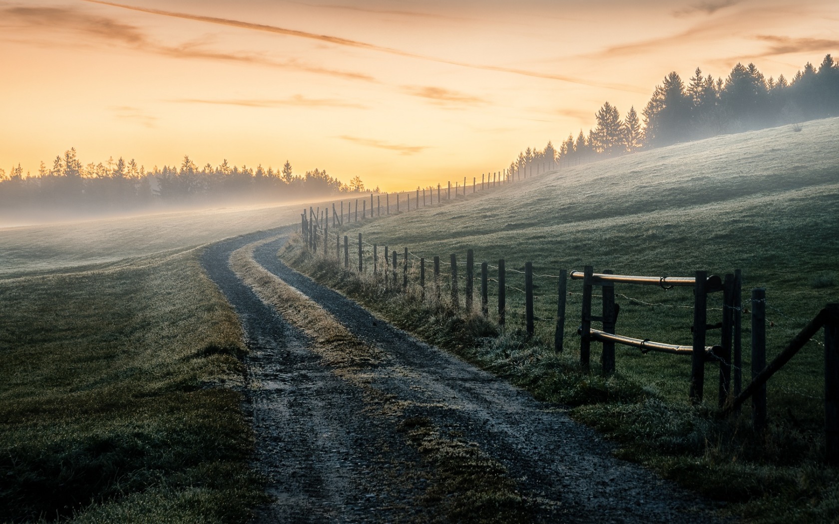 Dirt road through misty landscape at sunrise with fence HD Wallpaper
