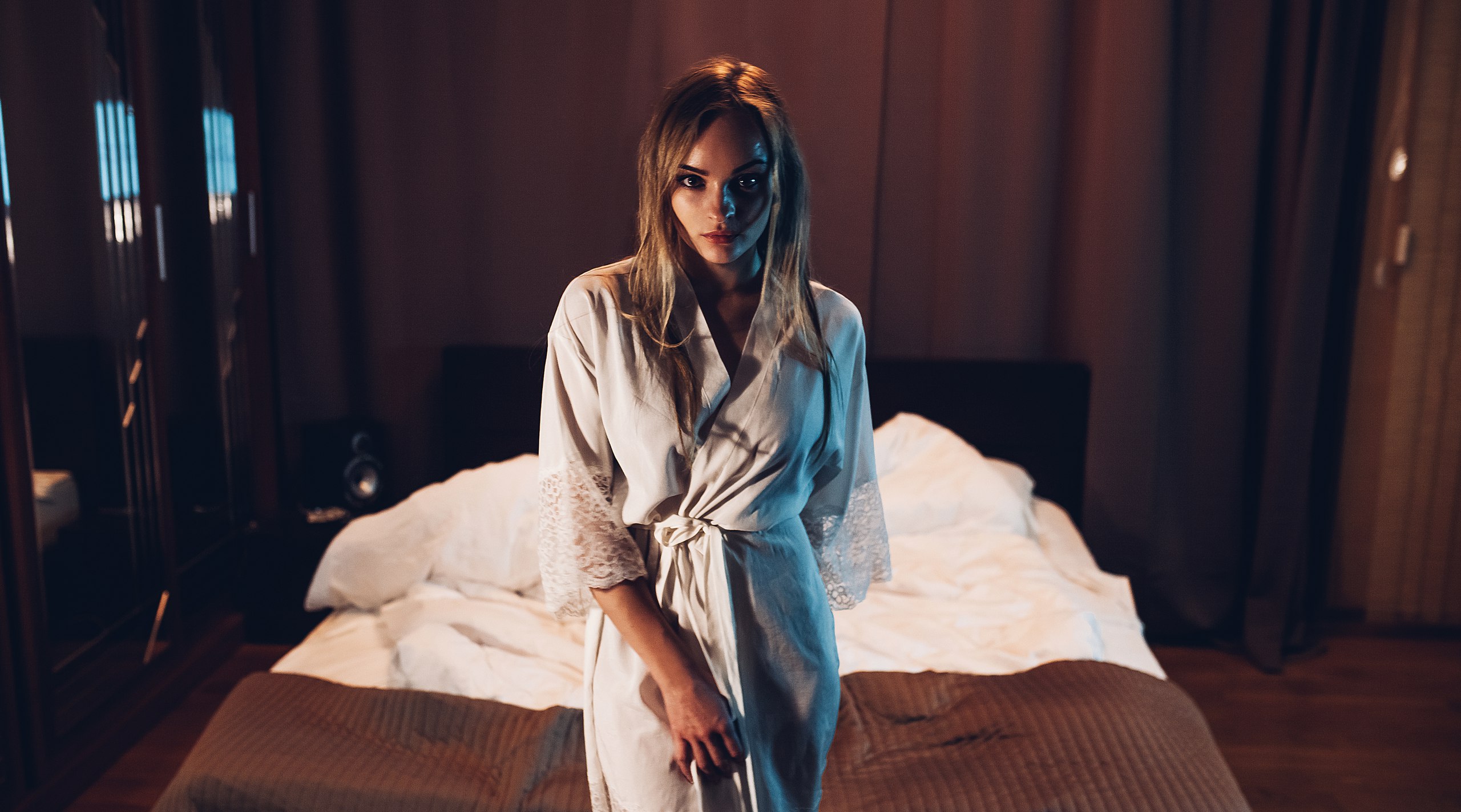 Woman in bathrobe standing in bedroom HD Wallpaper