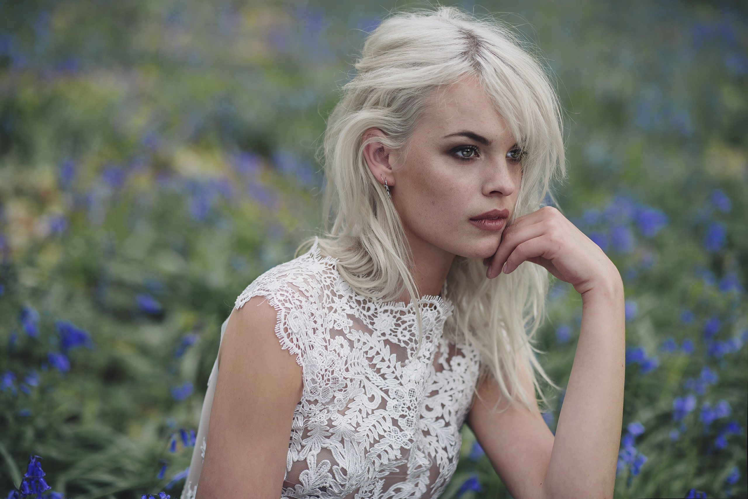 Woman with blonde hair in a white lace top HD Wallpaper