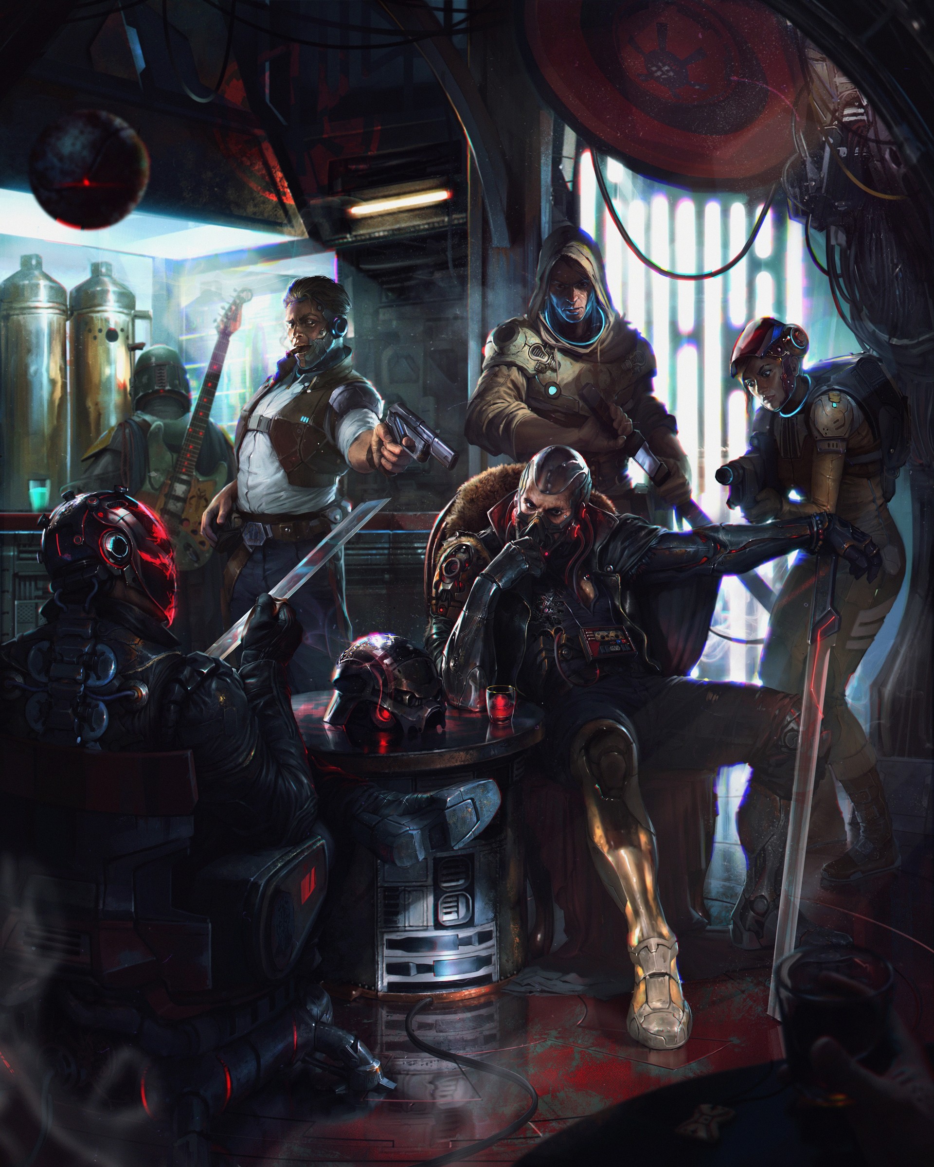 Cyberpunk characters gathered in a dimly lit bar HD Wallpaper