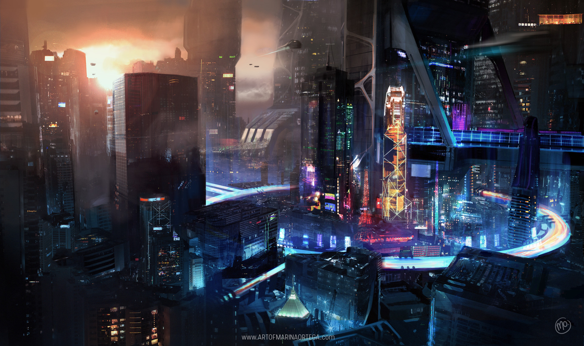 Cyberpunk cityscape with flying vehicles and neon lights HD Wallpaper