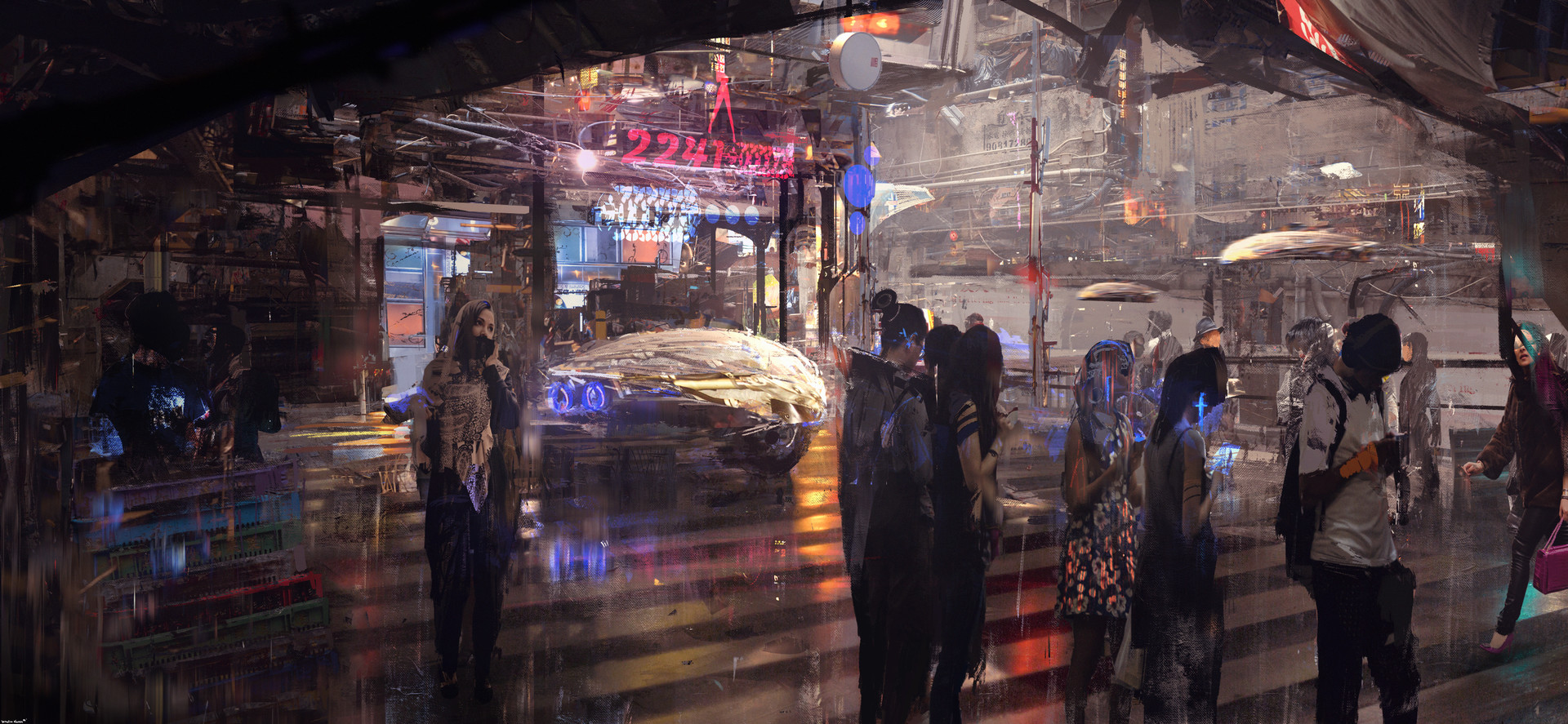 Cyberpunk street scene with people and futuristic vehicle HD Wallpaper