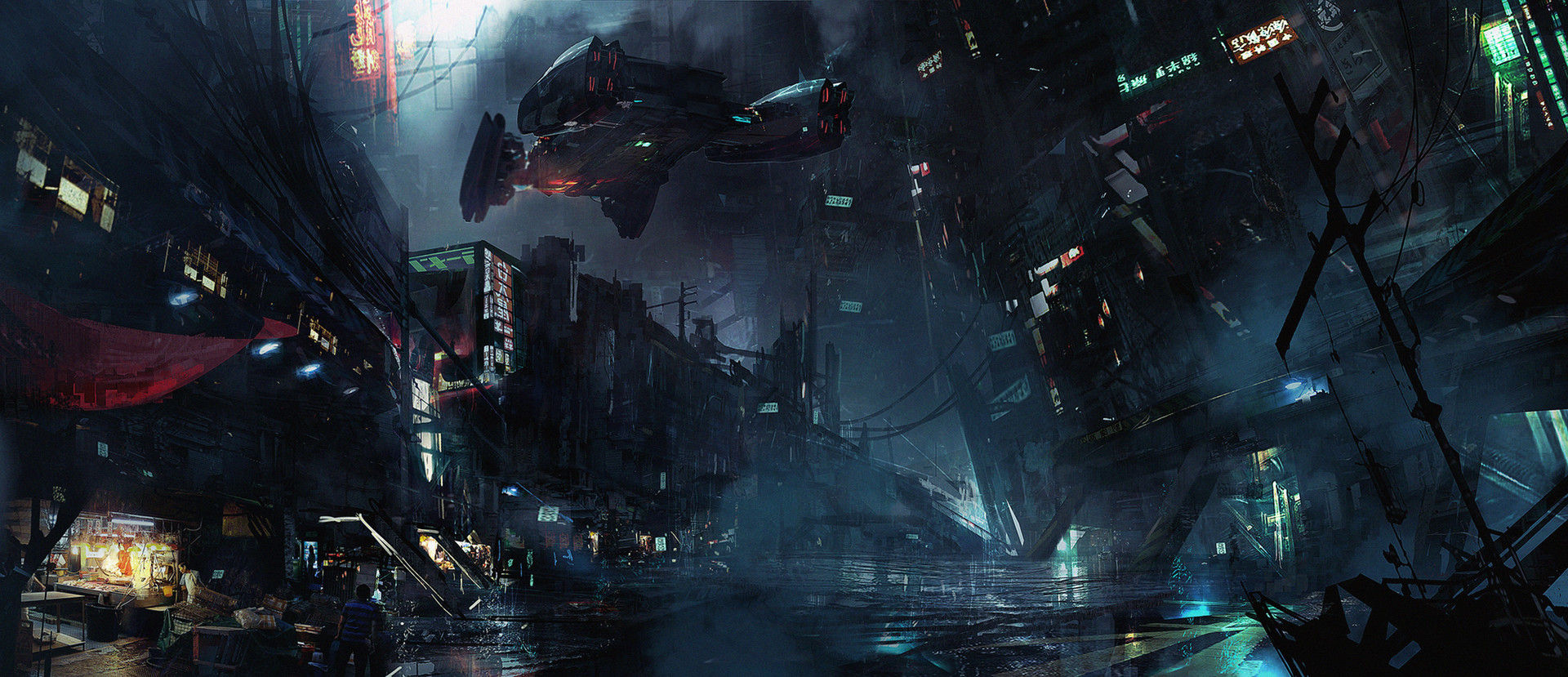 Cyberpunk city with flying vehicle HD Wallpaper