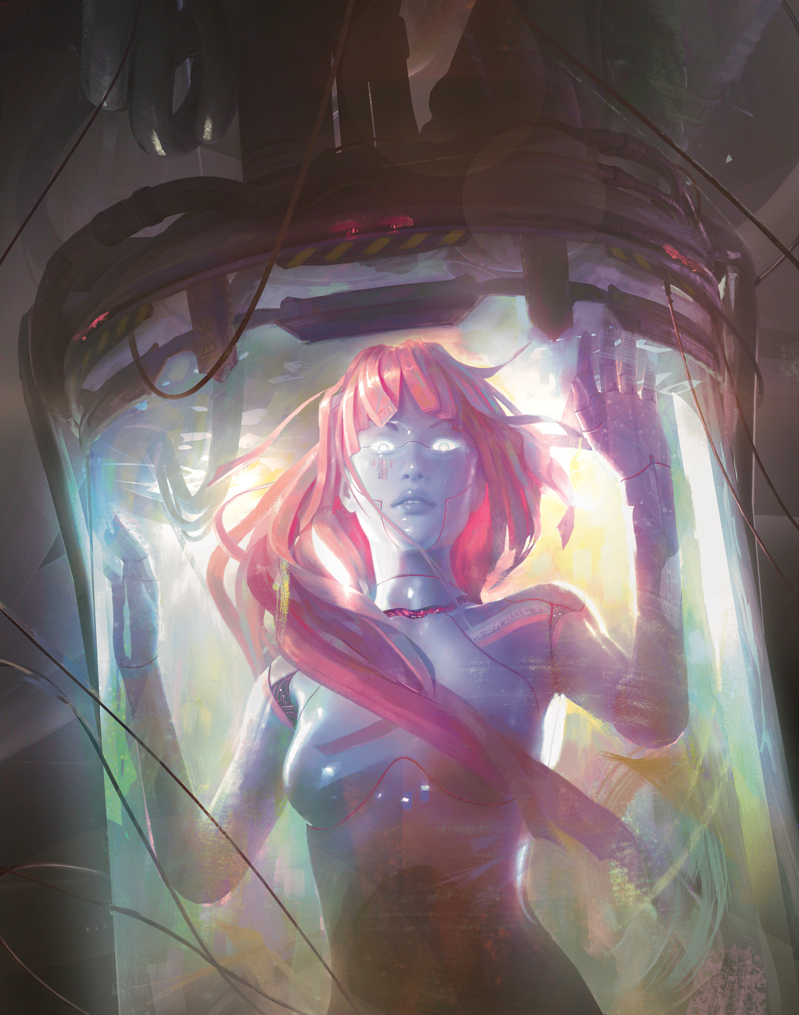 Cyborg woman with pink hair in a futuristic pod HD Wallpaper