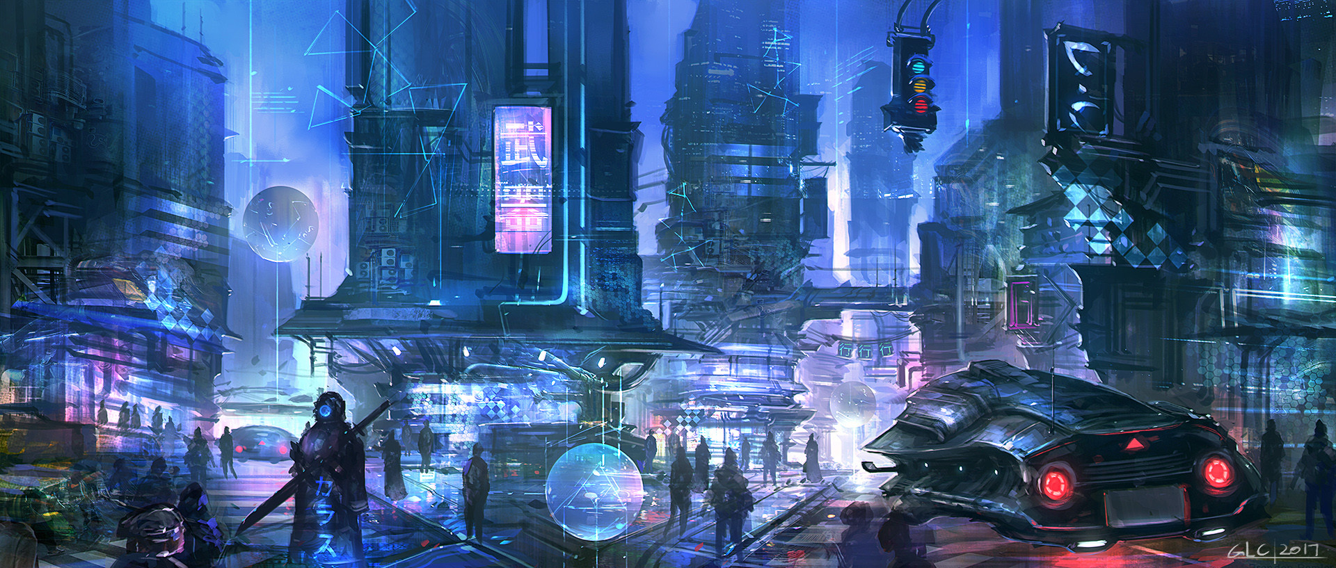 Cyberpunk city street with futuristic vehicles and people HD Wallpaper