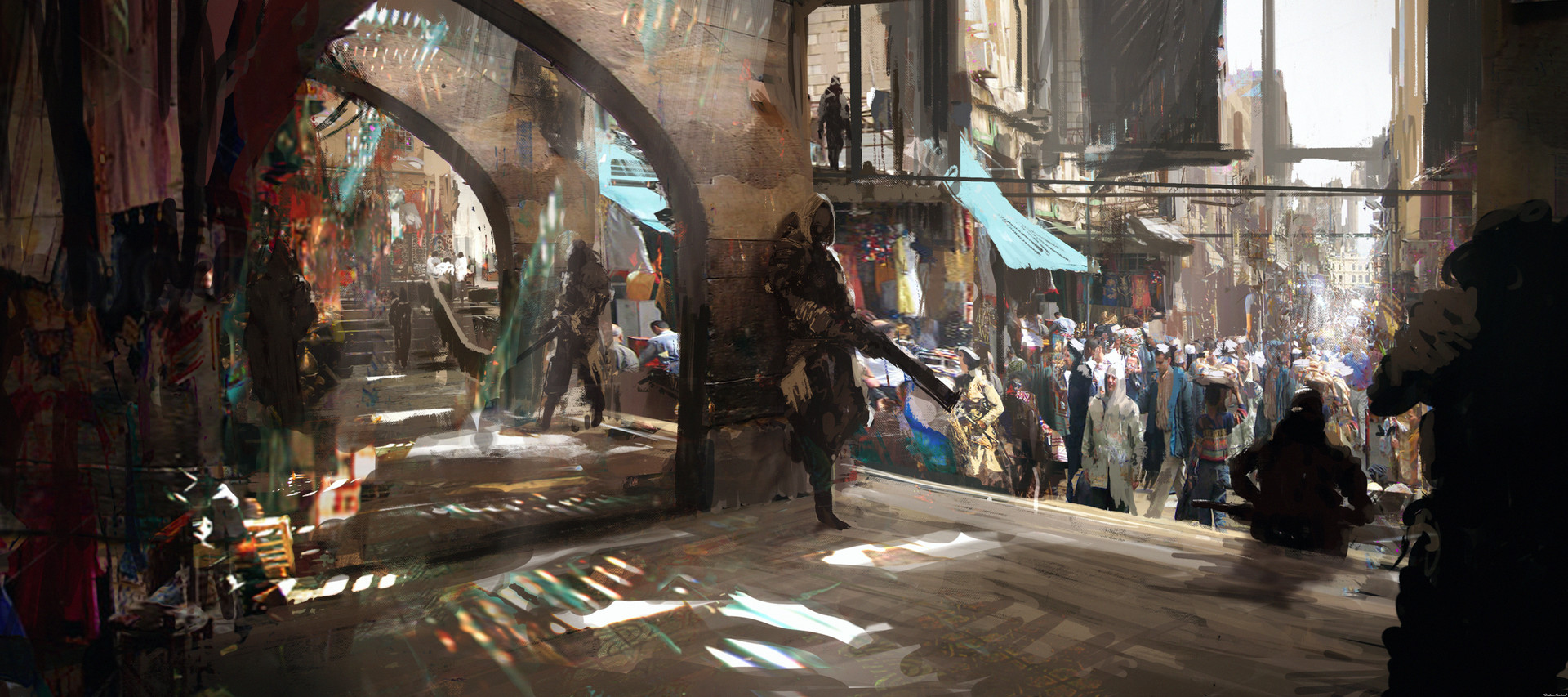 Fantasy marketplace with armored figures and crowds HD Wallpaper