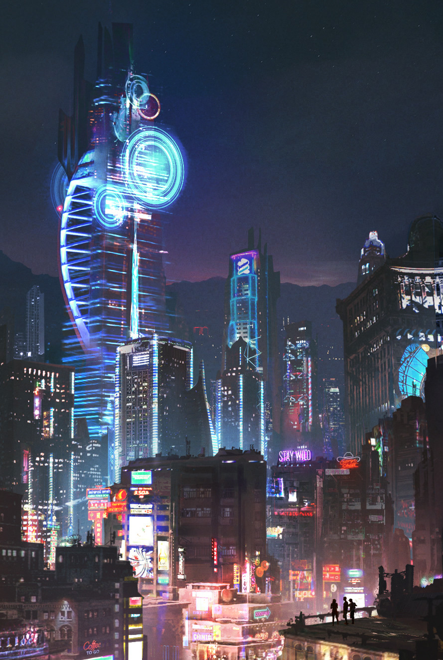 Cyberpunk city skyline at night with neon lights HD Wallpaper